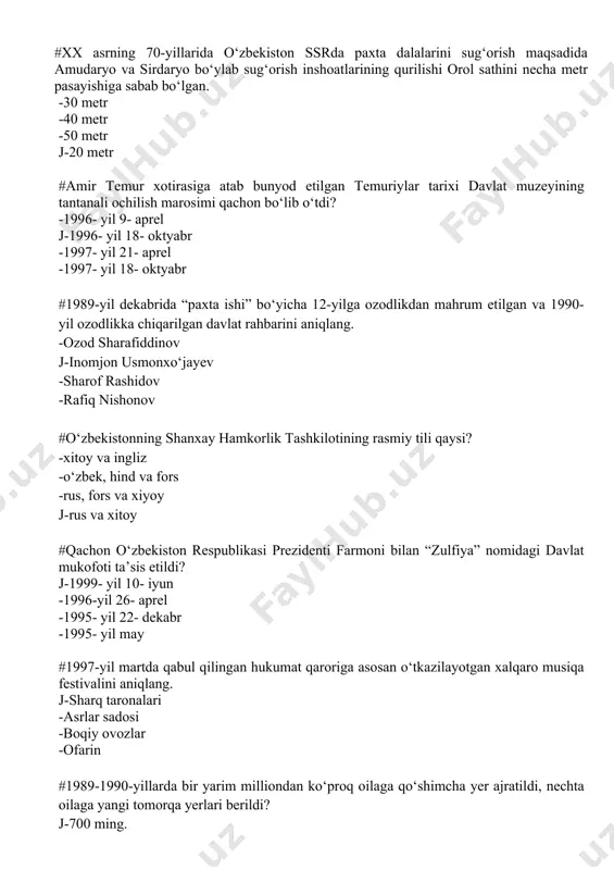 chon o‘zbekiston respublikasi prezidenti farmoni bilan “zulfiya” nomidagi davlat mukofoti ta’sis etildi? j-1999- yil 10- iyun -1996-yil 26- aprel -1995- yil 22- dekabr -1995- yil may #1997-yil martda qabul qilingan hukumat qaroriga asosan o‘tkazilayotgan xalqaro musiqa festivalini aniqlang. j-sharq taronalari -asrlar sadosi -boqiy ovozlar -ofarin #1989-1990-yillarda bir yarim milliondan ko‘proq oilaga qo‘shimcha yer ajratildi, nechta oilaga yangi tomorqa yerlari berildi? j-700 ming. -900 ming -800 ming -850 ming #mamlakatimizda o‘lim jazosi nechanchi yilda bekor qilingan? -2008 yil 1 dekabr -2003 yil 1 dekabr j-2008 yil 1 yanvar -1998 yil 1 yanvar #2016-yil 4-dekabr kuni o‘zbekiston respublikasi prezidenti lavozimiga bo‘lib o‘tgan saylovda sh.m.mirziyoyev qaysi partiyadan o‘z nomzodini qo‘ygan? j-o‘zbekiston liberal-demokratik partiyasi (lidep) -o‘zbekiston xalq demokratik partiyasi -milliy tiklanish demokratik partiyasi -adolat sotsial-demokratik partiyasi (asdp) #meni doimo o‘ylantiradigan, tashvishga soladigan yana bir dolzarb masala-bu yoshlarimizning odob-ahloqi, yurish-turishi, madaniy saviyasi, bir so‘z bilan aytganda, tarbiyasi bilan bog‘liq. ushbu so‘zlar muallifini toping. j-sh. mirziyoyev …