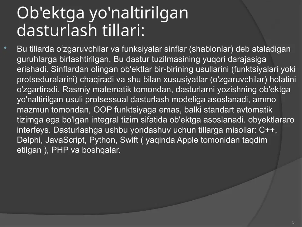 jimda dasturni disk raskadrovka qilish. 14 xatolar turlari: har bir inson xato qiladi, yangi boshlanuvchilar va hatto eng malakali dasturchilar ham, bu vaqt masalasidir. ko'pincha xatolar ehtiyotsizlik tufayli paydo bo'ladi, biror joyda vergul o'tkazib yuborilgan yoki qavs qo'yilmagan va hokazo. ammo bunday oddiy xatolar ham ushlanib, tuzatilishi kerak. dasturlash xatolarining uchta asosiy turi mavjud: kompilyatsiya vaqtidagi xatolar, ishlash vaqtidagi xatolar va mantiqiy xatolar. kompilyatsiya xatolari yoki sintaksik xatolar o'zgaruvchini e'lon qilishni unutganda, protsedura parametrlarining noto'g'ri sonini o'tkazishda, butun o'zgaruvchiga haqiqiy qiymatni belgilashda yuzaga keladi. demak, dasturlash tili qoidalariga mos kelmaydigan bayonotlar yozilmoqda. xatolarning yana bir turi - dasturni ishga tushirish vaqtidagi xatolar yoki semantik xatolar. ular foydalanuvchi sintaktik jihatdan to'g'ri dasturni kompilyatsiya qilganda, uni bajarish paytida taqiqlangan narsalarni bajarishga harakat qilganda paydo bo'ladi, masalan, kiritish uchun mavjud bo'lmagan faylni ochish yoki 0 ga bo'lish. 15 xatolar turlari: foydalanuvchi dasturida mantiqiy xatolar ham bo'lishi mumkin. bu shuni anglatadiki, dastur o'zi xohlagan …