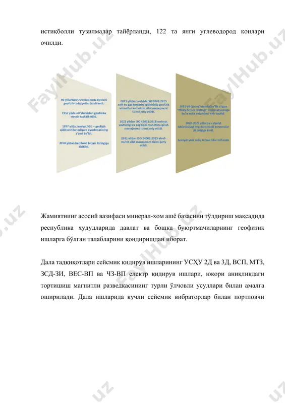 ар партияси. партия марказий осиёда ускуналарни метрологик текшириш ва калибрлашни амалга оширадиган ягона метрология марказига ега: • уcҳу -2д ва 3д сейсмик қидирув ишлари учун; • қудуқ асбоблари ва ер усти ускуналари:: • вертикал сейсмик профиллар учун; • каратаж усулининг електр, акустик, радиоактив ва бошқа усуллари учун. мутахассисларни ўқитиш олий муҳандислик институти негизида фаолият кўрсатадиган ўқув-услубий марказ беруний номидаги тошкент давлат техника университети педагогикаси, техник тараққиётнинг тегишли йўналишлари бўйича геофизика мутахассисларини малакасини ошириш ва қайта тайёрлашни амалга оширади: • дала ва кон геофизикасининг янги технологиялари (қайд қилиш тизимлари 3д сейсма қидирув, кўп каналли рақамли телеметрлар); • компютерларни каратаж станциялари ва қгт оператив қайта ишлаш тизимлари; • машинани қайта ишлаш ва геофизик маълумотларини талқин қилишнинг ривожланган тизимлари; • сейсмик қидирув ва қудуқларда перфорация-портлатиш ишларини олиб бориш пайтида бошқариш ва амалга ошириш. машғулотлар жамиятнинг, институтнинг юқори малакали мутахассислари ва импорт қилинадиган ускуналарни етказиб берувчилар - ташкилотлар ходимлари олиб боради. ўқув курсини тугатгандан …