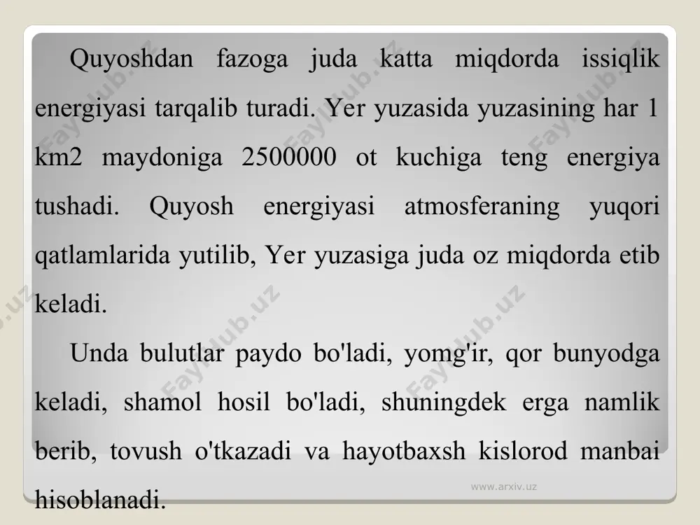 ligini ko'rsatishga harakat qilamiz. jadvalda keltirilgan ma'lumotlardan ko'rinib turibdiki. oltingugurt oksidi gazning miqdori yoqilg'idagi oltingugurt miqdoriga bog'liqdir. buning isboti uchun quyidagi misolni keltiramiz: mazut yoqadigan elektr stansiyasi mazut tarkibidagi oltigugurt tarkibiga qarab ko'plab zararli moddalarni chiqarib tashlashi mumkin. www.arxiv.uz www.arxiv.uz mazut tarkibida oltingugurt miqdori 3,5% ni tashkil qilsa, oltingugurt oksidining 1 sutkali chiqindisi 728 tonnaga teng bo'ladi, oltingugurt miqdori 4,5% ga etsa, uning chiqindisi sutkasiga 936 tonnaga etar ekan. nyu-york shahrida yil mobaynida yoqiladigan ko'mir atmosfera havosiga 1,5 mln tonna oltingugurt gazi havoni ifloslantiruvchi manbalardan bir necha km uzoqlikdagi atmosfera havosi borligi aniqlangan www.arxiv.uz www.arxiv.uz www.arxiv.uz www.arxiv.uz 4. atmosfera havosi ifloslanishining tirik organizmlarga ta'siri. havoning kuchli ifloslanishi insonlar sog'lig'iga, qolaversa barcha jonzotlarga salbiy ta'sir ko'rsatadi. bir kishi sutka davomida o'rtacha 25 kg havo bilan nafas oladi. havo tarkibidagi zarali chang, qurumlar, zararli gazlar kishi organizmida to'planaveradi. oqibatda teri va ko'z kasalliklari, jigar serrozi, qonbosimining ortishi, surunkali bronxit, enfizima, nafas qisish …