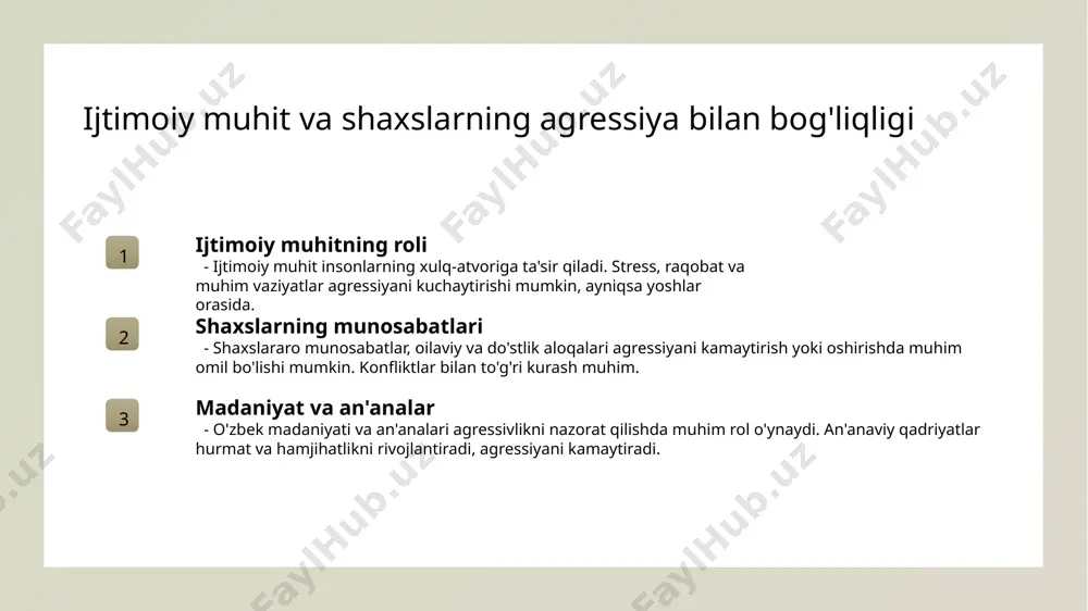 essivlikning ijobiy va salbiy tomonlarini tahlil qilish ijobiy tomonlari agressivlik ba'zan muomala va o'zaro tushunishni rivojlantirish uchun imkoniyat yaratadi, shuningdek, muhim muammolarni ochiq muhokama qilishga yordam beradi. salbiy tomonlari uzoq muddatli agressiya shaxsiy muammolar, oilaviy muvozanatni buzadi, hamda jamiyatda nizolar va shaxslararo ziddiyatlarni kuchaytiradi. ijtimoiy ta’sirlar agressivlikning ijobiy va salbiy tomonlari, madaniyat va jamiyat normalariga bog'liq bo'lib, uning shakllanishi va qabul qilinishida muhim rol o'ynaydi. interpersonal agressiyaning turli shakllari va ularning asosiy sabablari 1 tashqi muhit ta'siri atrof-muhitdagi muammolar, stress va bosimlar insonlarda agressivlikni kuchaytirishi mumkin. oila, maktab yoki ish joyidagi muhit bu xulq-atvorni shakllantiradi. 2 psixologik omillar o'zini past baholash, qoniqmaslik yoki xafa bo‘lish hissi agressiyani oshiradi. shaxsiy muammolar va ichki konfliktlar uning asosiy sabablari bo‘lishi mumkin. 3 ijtimoiy va madaniy faktlar jamiyatdagi stereotiplar, madaniyat va an'analarning agressivlikni rivojlantirishda roli katta. masalan, erkaklik yoki kuch bilan bog'liq normalar aggressiyani rag'batlantiradi. 4 qonuniy va etik normalar qonun va etik qoidalar …