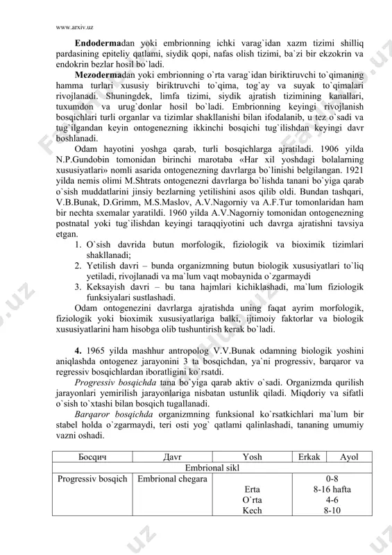ezlari, tirnoqlar, soch, tishning emali, so`lak bezlari, tilning va xalqumning shilliq qavatlari hosil bo`ladi. endodermadan yoki embrionning ichki varag`idan xazm tizimi shilliq pardasining epiteliy qatlami, siydik qopi, nafas olish tizimi, ba`zi bir ekzokrin va endokrin bezlar hosil bo`ladi. mezodermadan yoki embrionning o`rta varag`idan biriktiruvchi to`qimaning hamma turlari xususiy biriktruvchi to`qima, tog`ay va suyak to`qimalari rivojlanadi. shuningdek, limfa tizimi, siydik ajratish tizimining kanallari, tuxumdon va urug`donlar hosil bo`ladi. embrionning keyingi rivojlanish bosqichlari turli organlar va tizimlar shakllanishi bilan ifodalanib, u tez o`sadi va tug`ilgandan keyin ontogenezning ikkinchi bosqichi tug`ilishdan keyingi davr boshlanadi. odam hayotini yoshga qarab, turli bosqichlarga ajratiladi. 1906 yilda n.p.gundobin tomonidan birinchi marotaba «har xil yoshdagi bolalarning xususiyatlari» nomli asarida ontogenezning davrlarga bo`linishi belgilangan. 1921 yilda nemis olimi m.shtrats ontogenezni davrlarga bo`lishda tanani bo`yiga qarab o`sish muddatlarini jinsiy bezlarning yetilishini asos qilib oldi. bundan tashqari, v.b.bunak, d.grimm, m.s.maslov, a.v.nagorniy va a.f.tur tomonlaridan ham bir nechta sxemalar yaratildi. 1960 yilda …
