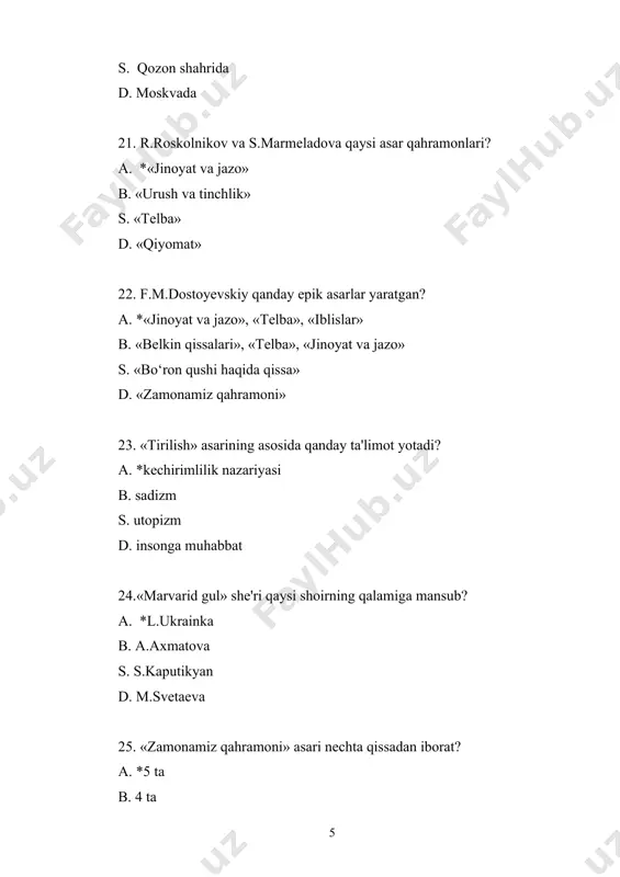borat? a. *3 qism b. 5 qism s. 4 qism d. 2 qism 60. guram juxadzе qaysi asarning qahramoni? a. *«qiyomat» b. «abadiyat qonuni» s. «kukaracha» d. «io‘lbars tеrisini yopingan pahlavon» 61. “manas” eposi ilk bor kim tomonidan o‘rganilgan va rus tiliga o‘girilgan? a. *cho‘qon valixonov b. tursunboy adashboyеv s. mirtеmir d. muxtor avеzov 62. ch.aytmatovning «birinchi muallim» qissasi qachon e'lon qilingan? a. *1962 yilda b. 1954 yilda s. 1958 yilda d. 1964 yilda 63. rasul xamzatov qaysi xalq adabiyoti vakili? a. *dog‘iston xalqlari b. ozarboyjon s. turkman d. qozoq 64. akbara va toshchaynar obrazi qaysi asarda uchraydi? a. *«qiyomat» b. «usta va margarita» s. «kassandra tamg‘asi» d. «asrga tatigulik kun» 65. bir umr xastalikdan azob chеkkan, musiqa va tarix bilan jiddiy shug‘ullangan ukrain ijodkori nomini toping? a. *lеsya ukrainka b. taras shеvchеnko s. ivan franko d. pеtr brovko 66. shota rustavеlining “yo‘lbars tеrisini yopingan pahlavon» dostonining asosiy g‘oyasi nimalardan …