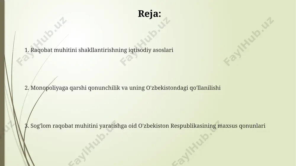 kuchaytirishga va iqtisodiyotni yanada takomillashtirishga olib keladi, ammo 2010 yildagi tadqiqotlar raqobatning yetarli darajada rivojlanmaganligini koʻrsatadi. raqobat, bozor iqtisodiyotining 4 bosqichidan o'tib, tabiiy, qonuniy va sun'iy monopoliya shakllarini o'z ichiga oladi, bu esa narxlarni va ishlab chiqarish hajmini belgilashda yakkahukmronlik holatini keltirib chiqaradi. oʻzbekistonda sogʻlom raqobat muhitini yaratish boʻyicha qabul qilingan qonunlar, monopol faoliyatni cheklash, narxlarni tartibga solish va raqobatni rivojlantirishga qaratilgan boʻlib, 2017 yildagi qonun hujjatlari 2 ta asosiy yo'nalishni belgilab bergan. sogʻlom raqobat muhitini yaratishga oid oʻzbekiston respublikasining maxsus qonunlari davlat tomonidan 2003-2004 yillarga moʻljallangan xususiylashtirish dasturiga koʻra, davlat mulkidagi korxonalarning 77 foizi xususiylashtirilishi, raqobat muhitini yaxshilashga yoʻnaltirilgan edi. oʻzbekiston respublikasining “tovar bozorlarida monopolistik faoliyatni cheklash va raqobat toʻgʻrisida”gi qonuni, 35% dan ortiq bozor ulushiga ega korxonalarni davlat reestriga kiritish mezonini belgilab, monopoliyani cheklashga qaratilgan. raqobatni rivojlantirish boʻyicha qonun hujjatlari, narxlarning eng yuqori darajasini yoki rentabellik chegarasini belgilash orqali monopol faoliyatni tartibga solish mexanizmini oʻz ichiga oladi. monopoliyalarning …