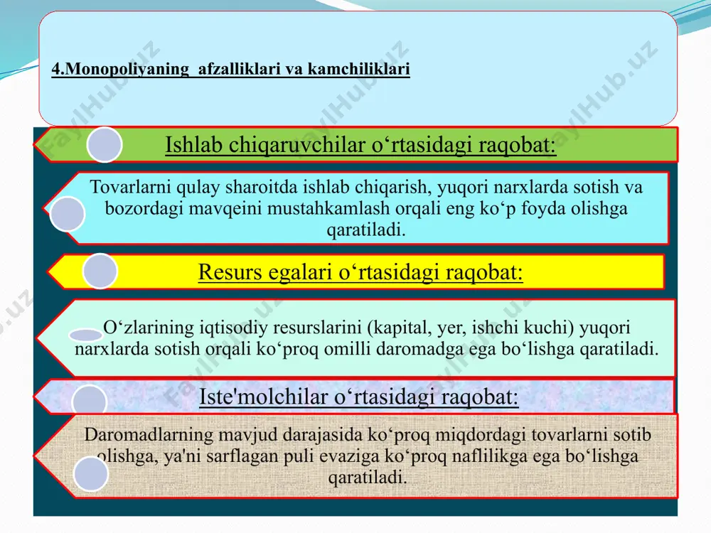 faoliyatining biror sohasida (ishlab chiqarish, xizmat ko‘rsatish, tijorat va h.k.) korxona yoki davlatning tanho hukmronligini ifodalaydi. 3. monopoliya va uning turlari 10 monopoliyaning turlari: tabiiy monopoliyalar - iqtisodiy faoliyatning texnikaviy va texnologik xususiyatlari taqozo qilib, ular raqobatni qullash mumkin bulmagan yoki qiyin bo‘lgan sohalarni o‘z ichiga oladi. 1.suv, energiya, gaz ta'minoti korxonalari 2.temir yul transporti. 3.harbiy - mudofaa majmuasi korxonalari iqtisodiy (sun'iy) monopoliyalar - ishlab chiqarish va kapitalning to‘planishi hamda korxonalarning turli yullar bilan birlashishi natijasida vujudga keladi. kartel -bir tarmoq korxonalarning ittifoqi bo‘lib, uning ishtirokchilari to‘liq iqtisodiy mustaqilligini saqlab qoladi, faqat ishlab chiqarish hajmi, sotish bozorlari va baholari to‘g‘risida kelishib oladi. sindikat- bir turdagi maxsulot ishlab chiqaruvchi korxonalar birlashmasi bo‘lib, uning a'zolari ishlab chiqarish sohasida mustaqilligini saqlab qoladi, mahsulot esa sindikat mulki sifatida sotiladi. trest — ishlab chiqarish vositalari va mahsulotga birgaliqda egalik qiluvchi korxonalar guruhi bo‘lib, foyda qo‘shilgan kapital hajmiga qarab taqsimlandi. konsern – formal mustaqqil korxonalar ittifoqi …