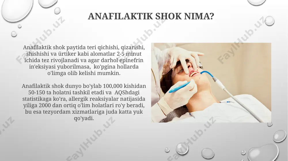 % ini tashkil etadi. ikkinchi bosqichda nafas olish qiyinlashadi, yurak urishi tezlashadi (100 ur/min dan yuqori), qon bosimi pasayadi (90/60 mm hg dan past) va hushdan ketish xavfi ortadi. bu bosqich jahon sogʻliqni saqlash tashkilotining maʼlumotlariga koʻra, juda xavfli hisoblanadi. antihistaminlar bir qator antihistaminlar, masalan, difenhidramin (benadryl) kabi, aqsh oziq-ovqat va farmatsevtika idorasi (fda) tomonidan tasdiqlangan va og'ir allergik reaktsiyalarni davolashda ishlatiladi. antihistaminlarning samaradorligi individual farq qiladi va ba'zi hollarda, masalan, og'ir anafilaktik shokda, ular yordamchi davo sifatida, epinefrin bilan birga qo'llaniladi. birinchi tibbiy yordam bemorning ahvoli og'irlashsa, masalan, qon bosimi keskin pasaysa yoki ong yo'qolsa, darhol 103 raqamiga qo'ng'iroq qilib tez tibbiy yordamni chaqirish va bemorni eng yaqin shifoxonaga yetkazish zarur. anafilaktik shok paytida bemorga 0.3-0.5 ml adrenalin eritmasini mushak ichiga yoki teri ostiga, masalan, sonning tashqi yuzasiga yuborish kerak. tez yordam brigadasini darhol chaqirish muhim. epinefrin in'ektsiyasi болаларга эпинефрин инъекциясини беришда, ёшга ва вазнга боғлиқ 0,01 мг/кг дозада, …