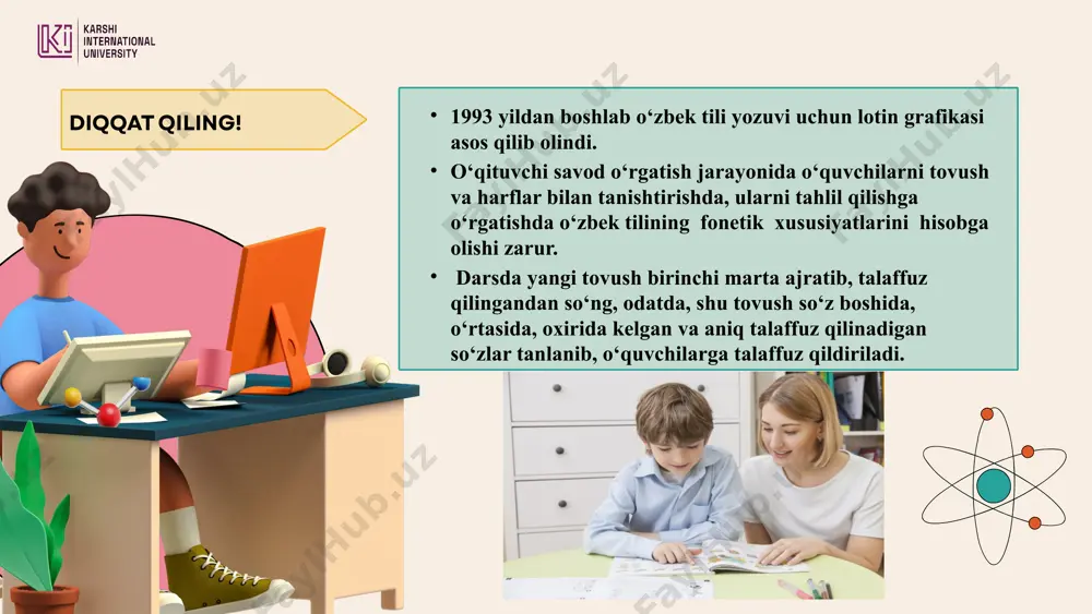o; ikkinchi bo’g’inida d, o, b tovushlari bor. oxirgi b tovushi p tovushi tarzida talaffuz qilinadi. unda b yoki p tovushini ifodalovchi harfning yozilishini tekshirib aniqlaymiz. buning uchun so‘z oxiriga i tovushini qo‘shamiz va aytamiz: odobi. b tovushi yozilar ekan” kabi izohlanadi. so‘z turkumlari so‘zlarning so‘rog‘i va qanday umumlashgan ma’no ifodalashiga ko‘ra guruhlarga bo‘linishidir. 1. mustaqil so‘zlar: fe’l, ot, sifat,son, olmosh, ravish. 2. yordamchi so‘zlar: ko‘makchi, bog‘lovchi, yuklama. 3. alohida olingan so‘zlar: undov so‘zlar, taqlid so‘zlar, modal so‘zlar. kichik yoshdagi o‘quvchilarning og‘zaki va yozma nutqni egallashlarida fonetikadan olgan bilimlarining ahamiyati nimalardan iborat? tovushga ta’rif bering? fonetikada nimalar o‘rganiladi? grafikada nimalar o‘rganiladi? undoshlar qanday tasniflanadi? unlilar qanday tasnif qilinadi? jarangli undoshlar qanday o‘rgatiladi jarangsiz undoshlar qanday metodda o‘rgatiladi?; nazorat topshiriqlari 1.matchonov safo, bakiyeva hilola, gulyamova xolida, yo`ldosheva sharofat, xolboyeva gulnora “boshlang‘ich sinflarda ona tili o‘qitish metodikasi (boshlang‘ich ta’lim fakulteti talabalari uchun darslik) сhirchiq – 2020 2.qosimova k., matchonov s. va b. …
