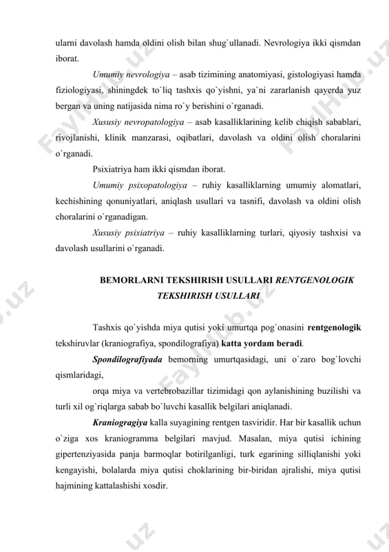 agiya kalla suyagining rentgen tasviridir. har bir kasallik uchun o`ziga xos kraniogramma belgilari mavjud. masalan, miya qutisi ichining gipertenziyasida panja barmoqlar botirilganligi, turk egarining silliqlanishi yoki kengayishi, bolalarda miya qutisi choklarining bir-biridan ajralishi, miya qutisi hajmining kattalashishi xosdir. gipofiz o`smasida turk egari kattalashadi, orqa, old devori tekislanib qoladi. kompyuter tomografiyasi juda noyob va zamonaviy tashxis qo`yish usulidir. bunda kristall va gazli detektorli skanner qurilmasi yordamida miyadagi kasallangan joy o`rganiladi. 20, 40, 60 soniya davomida skanner bemor boshini bir marta aylanib o`tib, ma`lum masofada miya qatlamlarining rentgen nurlarini yutish xususiyatini 160, 256, 512 marta o`lchaydi. bu axborot ehm qurilmaga uzatiladi va miyaning har bir qatlamlaridagi tasvir ekranda paydo bo`ladi. tasvirni juda qisqa vaqt (40–50 soniya) davomida olish mumkin. bu usulning yana bir afzalligi shundaki, tasviriga tushirish ham mumkin. kompyuter tomografiya usuli ko`pgina tug`ma qiyshayishlar, o`smali jarayonlar, qon quyilish o`choqlari, yiringli jarayonlar, miya qorinchalarining kengayishi, gidrotsefaliya haqidagi juda noyob ma`lumotlarni beradi. yadro-magnit …