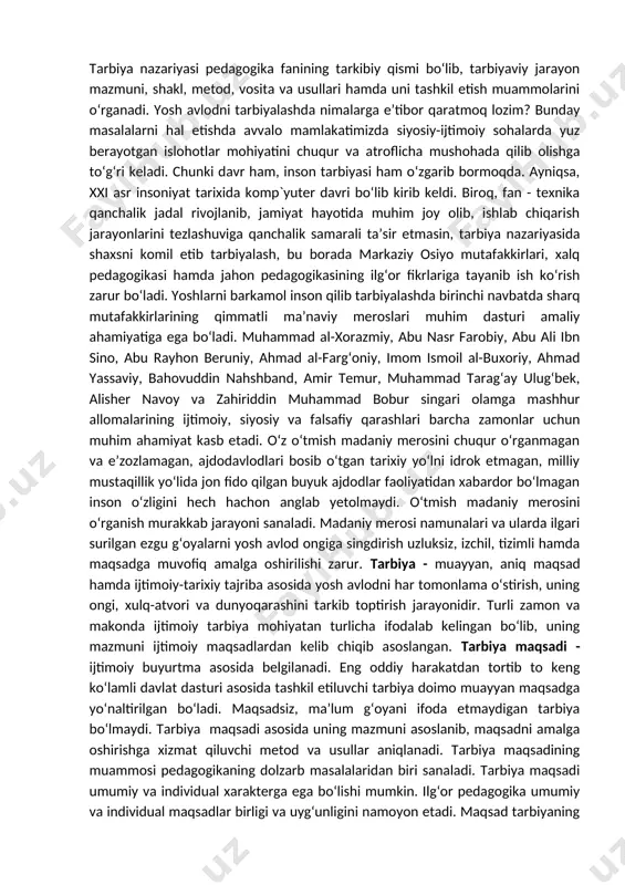 iyatlilarini tanlab, saralab olib, ularni ilmiy, madaniy-ma’naviy jihatdan kamolotga erishishlari, zamonaviy fan-texnika asoslarini puxta o‘zlashtirib olishlari uchun g‘amho‘rlik qilmoqda. o‘zbekiston respublikasining istiqboli nazarda tutilib, ko‘pgina yoshlarning turkiya, xitoy, yaponiya, aqsh, germaniya kabi rivojlangan xorijiy mamlakatlarga tahsil olish uchun yuborilayotganliklari fikrimizning yorqin dalilidir. jamiyat ma’naviyati va shaxs kamolotida muhim o‘rin tutuvchi ma’naviy va axlohiy poklik, iymon, insof, diyonat, or-nomus, mehr-oqibat, keksalarga hurmat singari insoniy fazilatlar o‘z - o‘zidan shakllanmaydi. barchasining asosida yosh avlodga oila, umumiy o‘rta, o‘rta maxsus, kasb-hunar hamda oliy ta’lim tizimida amalga oshirilayotgan ta’lim-tarbiya mazmuni, g‘oyaviy yo‘nalishi va samarasi yotadi. o‘sib kelayotgan yosh avlodning zamon talablariga mos, barkamol inson bo‘lib shakllanishlari uchun ijtimoiy tarbiyaning muhim tarkibiy qismlari – aqliy, ma’naviyaxloqiy, jismoniy, mehnat, estetik, huquqiy, ekologik, iqtisodiy hamda jinsiy tarbiyani tashkil etishga nisbatan yangicha nuqtai nazardan yondashish, ularning samarali yo‘llarini ishlab chiqish alohida dolzarblik kasb etadi. bu esa tarbiyadagi eng muhim vazifalardir. tarbiya mazmuning jismoniy tarbiya va sportdagi ahamiyati. tarbiya …