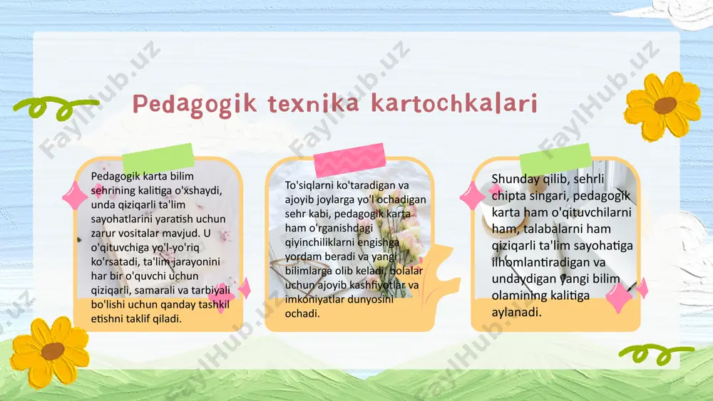 lar kartasini olganlarida, ular o'zlarining yutuqlaridan g'urur va mamnun bo'lishdi. shu bilan birga, kartalar aleksandr uchun har bir bolaning taraqqiyotini baholashda muhim vositaga aylandi. vaqt o'tishi bilan ushbu o'qitish texnikasi tufayli o'quvchilarning motivatsiya darajasi sezilarli darajada oshdi. ular o'qishga yanada mas'uliyat bilan yondashishni boshladilar, yangi muvaffaqiyatlarga erishishga va kartalarida yangi belgilar olishga intildilar. nafaqat muvaffaqiyatlar, balki bilim va ko'nikmalarning yuksalishi ham sezilarli bo'ldi. ota-onalar o'z farzandlarining o'qishga bo'lgan munosabatidagi o'zgarishlarni payqashdi va o'qituvchiga ta'limga bunday yondashuv uchun minnatdorchilik bildirdilar. shunday qilib, muvaffaqiyat kartalari bilan pedagogik texnika aleksandrga nafaqat o'z o'quvchilarini rag'batlantirishga yordam berdi, balki ularning rivojlanishini aniqroq kuzatishga yordam berdi, bu uning sinfidagi o'qish sifatiga ijobiy ta'sir ko'rsatdi. xulosa pedagogik kartalarining o‘quv jarayoniga joriy etilishi o‘qituvchilarga samarali va qiziqarli darslar yaratish uchun kuchli vositani taqdim etadi. ular o‘quv jarayonini tashkil etishga, maqsad va vazifalarni aniq belgilashga, materiallarni o‘quvchilarning individual ehtiyojlariga moslashtirishga yordam beradi. pedagogik kartochkalardan foydalanish orqali o‘qituvchilar darslarini interaktiv, …
