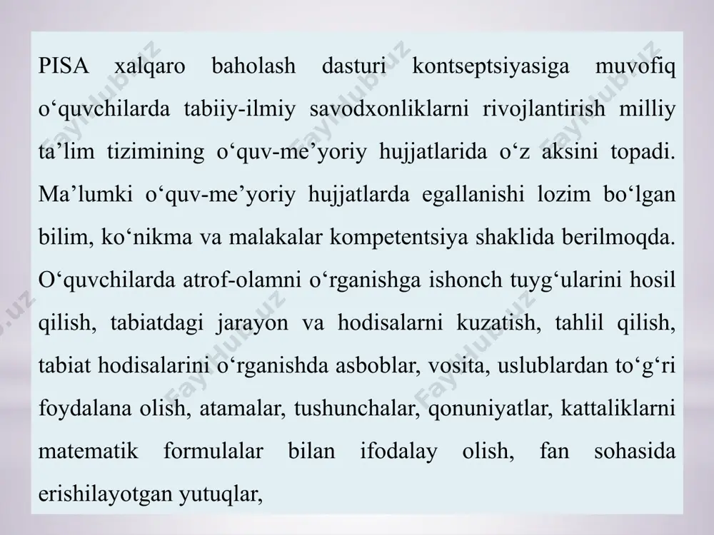 iladi. o‘quvchilarda o‘qish, matematik, tabiiy-ilmiy savodxonlikni baholash maqsadida shakllantirilgan topshiriqlarda turli real vaziyatdagi jarayonlar hamda mazkur jarayonlarga tegishli bo‘lgan muammolarni hal qilish uchun o‘quvchilarga qo‘yilgan talablar keltirib o‘tilgan. tabiiy-ilmiy savodxonlikni rivojlantirishga doir topshiriqlarda kontekstual ma’lumotlar hal qiluvchi ahamiyaga ega bo‘lib, topshiriqni o‘quvchi tomonidan anglab yetishiga xizmat qiladi. kontekstual ma’lumotlar xuddi real vaziyat kabi bir qancha ma’lumotlar majmuasini o‘z ichiga oladi. barcha ma’lumotlar ham topshiriqni yechimini topish uchun bevosita ma’lumot bermasa ham, umumiy vaziyatni baholash, shuningdek asosiy ma’lumotlarni qidirib topish uchun bilvosita yordam beradi. tabiiy fanlarda quyidagi kontekstlar keng qo‘llaniladi. mazkur kontekstlardan foydalanish topshiriqlar mazmunini o‘quvchilar tomonidan o‘zlashtirilishiga, ularni kognitiv faollashtirishga xizmat qiladi. pisa xalqaro baholash dasturi topshiriqlari o‘z navbatida ishtirokchi davlatlarda «topshiriqlar ishlab chiqish » an’anasini boshlab berdi. «topshiriqlar an’anasi» tushunchasi deganda o‘quv mashg‘ulotida topshiriqlarni maqsadli va maqbul ravishda qo‘llash tushuniladi. c.aufschnaiter «topshiriqlarning o‘quv mashg‘ulotida tizimli qo‘llash optimal o‘quv jarayoniga hal qiluvchi ta’sir»ga ega ekanligini ta’kidlaydi hamda o‘z mulohazalarini davom …