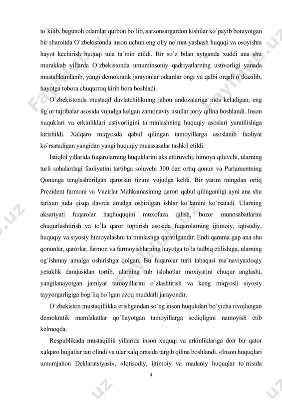 a to`la qaror toptirish asosida fuqarolarning ijtimoiy, iqtisodiy, huquqiy va siyosiy himoyalashni ta`minlashga qaratilgandir. endi qamma gap ana shu qonunlar, qarorlar, farmon va farmoyishlarning hayotga to`la tadbiq etilishiga, ularning og`ishmay amalga oshirishga qolgan. bu fuqarolar turli tabaqasi ma`naviyaxloqiy yetuklik darajasidan tortib, ularning tub islohotlar moxiyatini chuqur anglashi, yangilanayotgan jamiyat tamoyillarini o`zlashtirish va keng miqyosli siyosiy tayyorgarligiga bog`liq bo`lgan uzoq muddatli jarayondir. o`zbekiston mustaqillikka erishgandan so`ng inson huqukdari bo`yicha rivojlangan demokratik mamlakatlar qo`llayotgan tamoyillarga sodiqligini namoyish etib kelmoqda. respublikada mustaqillik yillarida inson xuquqi va erkinliklariga doir bir qator xalqaro hujjatlar tan olindi va ular xalq orasida targib qilina boshlandi. «inson huquqlari umumjahon deklaratsiyasi», «iqtisodiy, ijtimoiy va madaniy huquqlar to`rrisida xalqaro pakt», «fuqarolik va siyosiy huquklar to`g`risida xalqaro pakt va fakultativ bayonnoma» shular jumlasidandir. ular hozirgi zamon jahon davlatchiligini va jamiyatni demokratlashtirish jarayonida inson huquqlarini mustahkamlashning asosi bo`lib xizmat qilmoqda. ayni choqda o`zbekiston inson huquqlariga oid 30 dan ortiq asosiy pakt va …