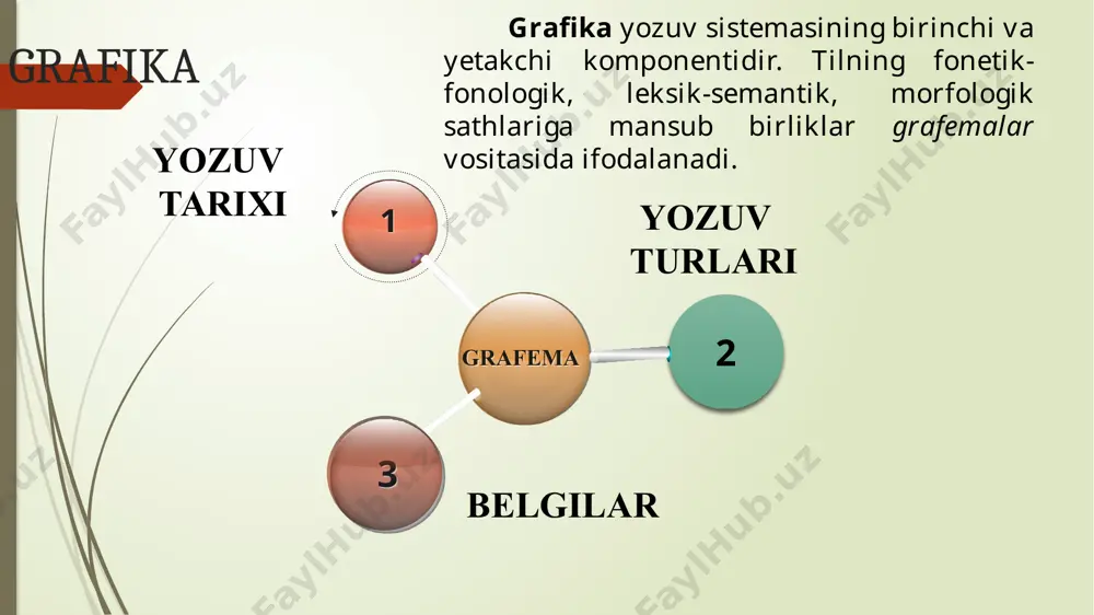 harfdan iborat bo‘lib, har bir harf alohida nutq tovushini ifoda etgan. bu yozuvda bironta ham boshqa sistemadagi belgi – logografik (so‘z yozuvi), sillabografik (bo‘g‘inli yozuv) elementlar qo‘llangan emas. yozuvda faqat undoshlargina ifodalangan, unlilar mutlaqo ifodalanmagan, ya’ni finikiy yozuvi sof konsonant yozuv bo‘lgan. harflar juda sodda, eslab qolish va yozish uchun qulay shaklga ega bo‘lgan. albatta, finikiy yozuvi ham davrlar davomida takomillashib bordi. “grek yozuvi” finikiy yozuvining takomillashtirilishi asosida vujudga keldi va harf-tovush yozuvi ichida eng mukammali sanaladi. grek yozuvida nafaqat undosh tovushlar, balki unli tovushlar ham alohida harflar bilan ifodalangan. grek yozuvining shakllanishi eramizning ix asrlaridan boshlangan. hozirgi yevropadagi deyarli barcha xalqlarning yozuvi kelib chiqish jihatidan grek yozuvi bilan bog‘lanadi. garchi fonografik yozuv hozirgi vaqtda keng tarqalgan bo‘lsa ham, kundalik hayotda yozuvning boshqa turlari ham uchrab turadi. chunki har bir turning o‘ziga xos afzalligi bor. bugungi kunda piktografik yozuv odatda reklama ehtiyojlari uchun, mehmonxonalarda mahalliy tilni bilmaydigan xorijiylarning mushkullarini osonlashtirish …