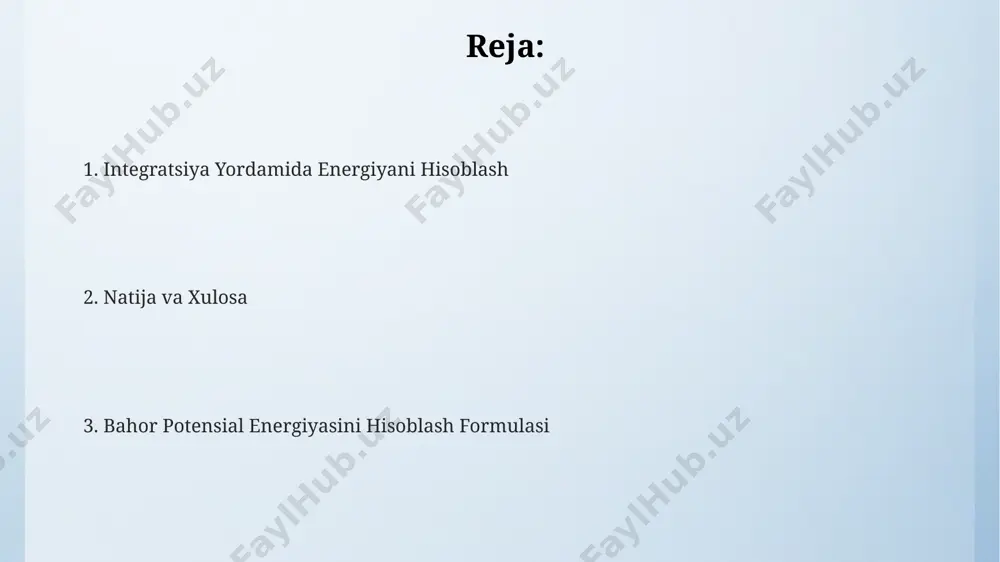 o'lgan masofada, 100 n/m bahor doimiysiga ega bo'lgan bahorda, mexanika bo'yicha 3-bobda batafsil bayon etilgan. integral hisoblash jarayonida, masalan, 2 n/m bahor doimiysi va 5 sm cho'zilgan bahor uchun, toshkentdagi fizika laboratoriyasida o'tkazilgan tajribalar shuni ko'rsatdiki, integralni hisoblash aniq natija beradi. potensial energiya formulasi potensial energiya formulasi (1/2kx²) bahorning muvozanat holatidan siljishiga bogʻliq boʻlib, 10 n/m qattiqlikdagi bahor 0.2 metrga choʻzilganda, saqlanadigan energiya 0.2 joulya boʻladi. bu energiya toshkentdagi mexanika laboratoriyalarida eksperimental ravishda tasdiqlanishi mumkin. potensial energiya formulasi (1/2kx²) faqatgina lineer elastik bahorlar uchun toʻgʻri keladi. agar bahor juda kuchli choʻzilsa yoki siqilsa, hooke qonuni buziladi va formula 5% dan ortiq xatoga yoʻl qoʻyishi mumkin. bunday holatlarni samarqanddagi oliy oʻquv yurtlarida batafsil oʻrganish mumkin. bahorning potentsial energiyasi formulasi (1/2kx²) ni chiqarishda, k bahor qattiqligi koeffitsiyenti, x esa bahor choʻzilishi yoki siqilishi miqdorini (metrda) ifodalaydi. bu formula nyutonning 2-qonuni va integral hisobidan foydalanib, moskva davlat universiteti fizika fakultetida oʻrganiladi. ishning ta'rifi …
