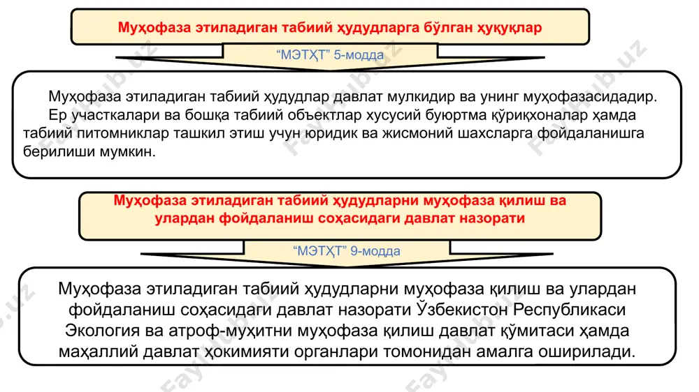 одда) айрим табиий ресурсларни бошқариш учун мўлжалланган ҳудудлар ўрмон қўриқчилари ва овчилик хўжаликларининг егерлик хизмати томонидан қўриқланади балиқ хўжалиги зоналарини қўриқлаш балиқчилик билан шуғулланувчи юридик ва жисмоний шахслар ҳамда экология ва атроф-муҳитни муҳофаза қилиш органлари томонидан таъминланади қўриқланма зоналар давлат қўриқхоналари, буюртма қўриқхоналар ва давлат табиат ёдгорликларини муҳофаза қилиш қайси давлат органлари, юридик ва жисмоний шахслар зиммасига юклатилган бўлса, шу давлат органлари, юридик ва жисмоний шахслар томонидан қўриқланади. хусусий буюртма қўриқхоналар ва табиий питомникларни қўриқлаш улар қайси юридик ва жисмоний шахслар тасарруфида бўлса, шу юридик ва жисмоний шахслар томонидан таъминланади. 10 давлатлараро муҳофаза этиладиган табиий ҳудудлар “мэтҳт” 36-модда икки ва ундан ортиқ давлат ҳудудида жойлашган муҳофаза этиладиган табиий ҳудудлар давлатлараро муҳофаза этиладиган табиий ҳудудлар ҳисобланади. давлатлараро муҳофаза этиладиган табиий ҳудудлар ўзбекистон республикасининг халқаро шартномалари асосида ташкил этилиши мумкин. давлатлараро муҳофаза этиладиган табиий ҳудудлар режими ўзбекистон республикасининг қонун ҳужжатларига ва халқаро шартномаларига мувофиқ белгиланади алохида муҳофаза этиладиган ҳудудлар ерлари ҳуқуқий ҳолатидаги …