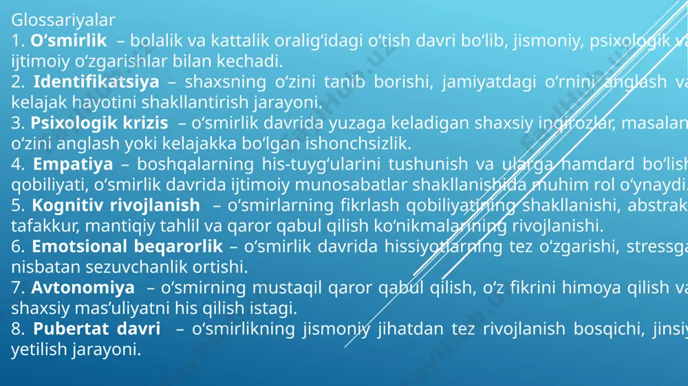 shtirish jarayoni. 14. oʻziga baho – oʻsmirning oʻz qobiliyatlari va qadr-qimmatini qanday baholashi, bu shaxsiy rivojlanish va ijtimoiy munosabatlarga ta’sir qiladi. 15. oʻzini anglash – oʻsmirning oʻzining kimligini, istak va maqsadlarini tushunishi va o‘ziga nisbatan ongli yondashuvi. 16. ichki motivatsiya – tashqi rag‘batlantirishsiz, oʻsmirning o‘z ichki istaklari asosida harakat qilish ehtiyoji. 17. ijtimoiy taqqoslash – oʻsmirning o‘zini tengdoshlari yoki boshqa odamlar bilan solishtirishi, bu o‘ziga baho berishga ta’sir qiladi. 18. konformizm – oʻsmirning tengdoshlar yoki jamiyat tomonidan qabul qilingan me’yor va qadriyatlarga moslashish tendensiyasi. 19. roliy identifikatsiya – oʻsmirning oilaviy, do‘stlik, kasbiy yoki jamiyatdagi turli rollarga moslashishi va ularni qabul qilishi. 20. mustaqillik inqirozi – oʻsmirning oiladan ajralib, mustaqil qarorlar qabul qilishga harakat qilishi natijasida yuzaga keladigan ichki va tashqi ziddiyatlar /docprops/thumbnail.jpeg