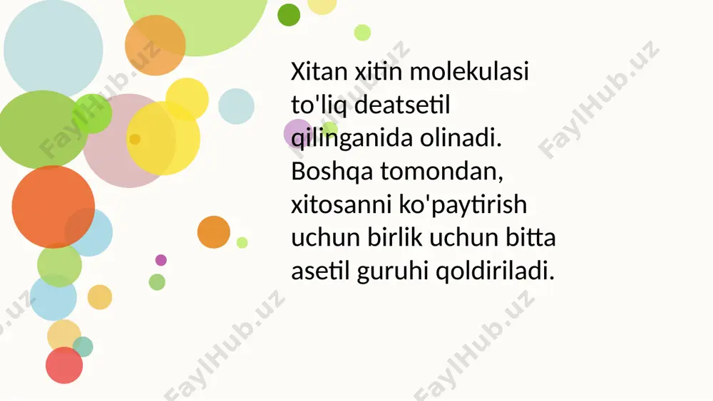 idrofobik o'zaro ta'sirlar ta'siri tufaylixitosan chegara uglevodorodlar, yog'lar va yog'da eriydigan birikmalarni bog'lashi mumkin. xitin va xitosanni xitinazlar va xitobiazlar kabi mikrobial fermentlar ta'sirida n-asetil-d-glyukozamin va d-glyukozaminga ajratish mumkin. aynan shu tufayli xitosan butunlay biologik jihatdan yo'q qilinadi, ammo atrof-muhitni ifloslantirmaydi. ishlatilishi sohalari xromatografiyada, ion almashinuvchisi sifatida va og'ir metall ionlarini yutish uchun ishlatiladi - bu metallar uchun nuqtali elektrodlarni ishlab chiqarishda qo'llaniladi. analitik kimyoda biotibbiyotda bu tabiiy, biologik parchalanadigan va toksik bo'lmagan polimer bo'lgani uchun bu sohada katta ahamiyatga ega. uning ba'zi bir foydalanishi: - gemodializ membranasi sifatida. dehqonchilik va chorvachilikda - u urug'larni qoplashda ishlatiladi, ularni saqlash uchun saqlaydi. i.r. asqarov, y.i. isayev, a.g. mahsulot, sh.m. qirg‘izov g‘afur g’ulom nomidagi nashiriyot-matbaa ijodiy uyi-2018 s.masharipov, i.tirkashev "kimyo" "o'qituvchi " nomidagi - matbaa ijodiy uyi - 2018 h.o‘. xo‘janiyozov, t. jumaqulov , j.e. turdibaev, h.s. tojimuhamedov toshkent - 2021 internet ma'lumotlari: www.chemport.ru www.subscribe.ru www.chemexpress.fatal.ru foydalanilgan adabiyotlar: e'tiboringiz uchun tashakkur! image1.jpeg …