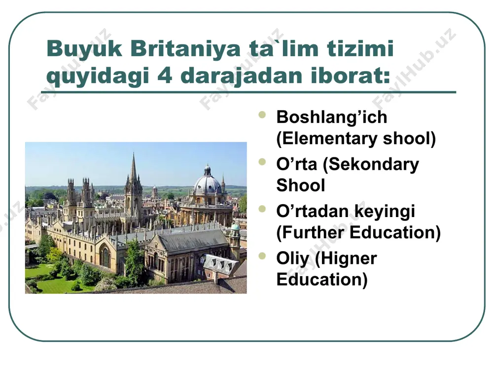 angliyaning oksford shahrida joylashgan. universitet tarkibida 38 ta kollej hamda 100 dan oshiq kafedra, fakultet va ilmiy institutlar mavjud. bu yerda 100 dan oshiq ta’lim yo‘nalishida o‘quv ishlari tashkil qilinadi. ayni paytda universitetda 22,116 nafar talaba ta’lim oladi. universitet shiori: “e’tiqodim – mening ma’rifatim”. xalqaro talabalarga 2016 – 2017 o‘quv yili uchun o‘quv-shartnoma puli o‘quv yo‘nalishidan kelib chiqib, 22 – 33 ming aqsh dollari. london kollej universiteti xalqaro universitetlar reytingiga ko‘ra, dunyoning eng yaxshi oliy ta’lim muassasalari o‘ntaligidan joy olgan london kollej universiteti jahonning eng nufuzli ta’lim maskanlaridan biridir. unga 1826 yil asos solingan. universitet londonning blumsberi rayonida joylashgan. london kollej universiteti tarkibida 11 ta fakultet, hamda 100 dan oshiq kafedra, ilmiy tadqiqot institulari mavjud. london kollej universiteti londondagi eng ko‘p talabalar tahsil oladigan universitet hisoblanadi. bu yerda 36,000 nafar talaba bilim oladi. universitet shiori: “xizmati tufayli ulkan mukofotga erishmoqchi bo‘lganlarning barchasi kelsin”. xalqaro talabalarga 2016 – 2017 o‘quv yili …