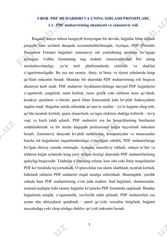 arga oid ma’lumotlar kabi hujjatlarni tartibga solishda pdf muharriri juda qo‘l keladi. pdf muharrirlarining yana bir zamonaviy funksiyasi — optik belgi aniqlash (ocr) texnologiyasi bo‘lib, u skanerlangan rasmli matnlarni tanib, ularni tahrirlanadigan matnga aylantiradi. bu texnologiya yordamida eski qog‘oz hujjatlarni raqamlashtirish, ularni qayta ishlash, arxivlash ancha osonlashgan. masalan, kutubxonalar, muzeylar, ilmiy muassasalar o‘z fondlaridagi hujjatlarni pdf muharriri orqali raqamlashtirib, keng ommaga taqdim etmoqda. pdf muharriri shuningdek, ekologik barqarorlik nuqtai nazaridan ham muhim o‘rin tutadi. chunki u qog‘oz sarfini kamaytirishga, chop etish zaruratini yo‘qotishga yordam beradi. bu esa o‘z navbatida daraxtlar kesilishini kamaytiradi, chiqindilarni kamaytiradi, ekologik muvozanatni saqlashga xizmat qiladi. bugungi raqamli transformatsiya sharoitida pdf muharriri faqatgina matn tahrirlovchi vosita emas, balki ko‘p funksiyali raqamli ish yuritish platformasiga aylangan. uning yordamida masofaviy jamoa bilan hamkorlik qilish, tezkor tahrir va tasdiqlash ishlari, elektron arxivlashtirish, xavfsizlikni ta’minlash kabi zamonaviy ehtiyojlar qondirilmoqda. ayrim ilg‘or pdf muharrirlari esa sun’iy intellekt texnologiyalarini qo‘llab, matnlar ichidan avtomatik …