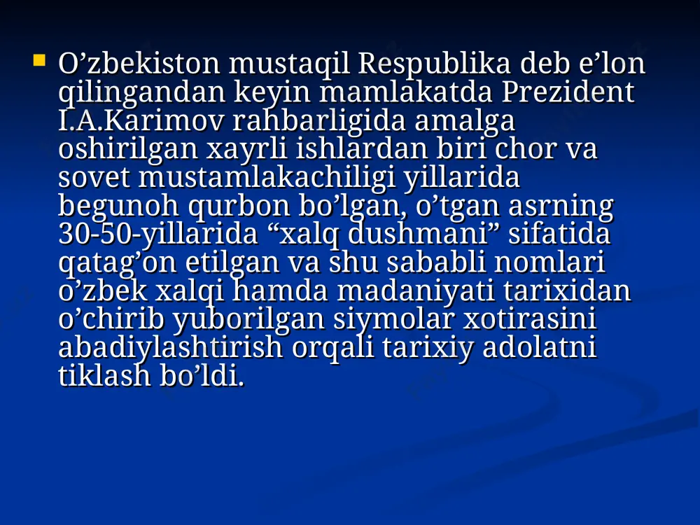 o’zaro birlashtirib turadi. agar ramziy sag’ana yodgorlik majmuining memorial markazi hisoblansa, muzey binosi uning ma’rifiy markazi bo’lib xizmat qiladi. muzey binosi bo’zsu bo’yida, bahavo joyda joylashgan bo’lib, bir qavatdan iborat, yerdan balandligi 20 m. dastlabki bino bir gumbazli 400 m2 hajimdagi yagona ekspozitsiya zalidan tashkil topgan. bino atrofi 28 ta naqshinkor ustunlar ko’tarib turgan ayvondan iborat bo’lgan. uning umumiy maydoni 784 m2 tashkil etgan. bino o’zbek milliy me’morligi an’analari asosida qurilgan. muzeyning birinchi ekspozitsiyasi 6 bo’limdan iborat bo’lgan. 2007-yilning 31-avgustida prezident i.a.karimovning muzeyga tashriflari chog’ida, ushbu muzey faoliyatini yanada takomillashtirish, qatag’on qurbonlari tarixi va achchiq qismatini yanada kengroq o’rganish va ask ettirish maqsadida unga qo’shimcha bino qurish haqida aytib o’tildi. ajdodlarning an’analarini davom ettirish, hozirgi kunlarning qadriga yetishga, ekspozitsiyada nafaqat bugungi kun, balki kelajak uchun ham g’oyat muhim ahamiyatga ega bo’lgan hujjat va eksponatlarni ko’rsatilishi lozimligi ta’kidlandi. 2008-yil 5-may kuni davlat rahbarining “qatag’on qurbonlari xotirasi” muzeyining faoliyatini yanada takomillashtirish to’g’risida”gi …