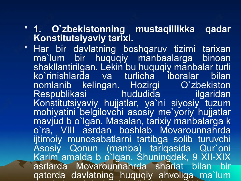 mmosi yuzaga keldi. o`zbekiston prezidenti i.a.karimov mamlakat o`zining rivojlanish yo`lini konstitutsiyaviy asosda belgilab olishni bir necha bor ta`kidlab, o`zbekiston xalqining yuz yillik istiqlol orzularini r o`yobga chiqardi. hammamizga dunyo xalqlari tarixidan ma`lumki, har bir millat va elatlar faqat o`z erkinliklarini q o`lga kiritganlaridan s o`ngina ravnaq topganlar. "tarixda turon, turkiston va movarounnahr nomi bilan mashhur b o`lgan markaziy osiyo, ayniqsa o`zbekiston hududida minglab yillar davomida yuksak madaniyat gullab-yashnadi. yurtboshimiz ikki o`zaro bog`liq muammoni - o`zbekiston respublikasining davlat mustaqilligini qaror toptirish va uning konstitutsiyasini qabul qilish muamollarini muvaffaqiyatli hal etdi. o`zbekiston, respublikasi prezidenti i. a. karimov ta`kidlab o`tganidek, "tabiiyki har qanday davlatning yuzi, obr o`-e`tibori uning konstitutsiyasi hisoblanadi. zotan, konstitutsiya davlatni davlat, millatni millat sifatida dunyoga tanitadigan qomusnomadir”. shu ma`noda asosiy qonunimiz xalqimizning irodasini, ruhiyatini, ijtimoiy ongi va 12 madaniyatini aks ettiradi. chunki uni ishlab chiqish va muhokama etishda butun xalk, ishtirok etadi. bir s o`z bilan aytganda, konstitutsiyamiz tom ma`noda …