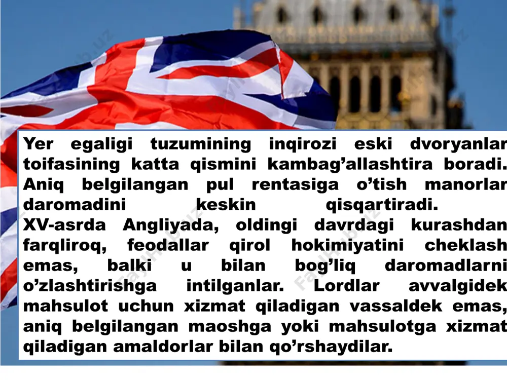ar vakili eduard iv (1461-1481) taxtga kelib lankasterlarni qatl etish, yer-mulklarini musodara qilishga zo’r beradi. ayni paytda, angliyada dengizchilikni yuksaltirishga, movut to’qish sohasini rivojlantirishga ham e’tibor qaratiladi. parlamentdan soliq olish uchun ruxsat so’ramaslik uchun eduard iv savdogarlardan qarz olar, bojlarni oshirar, qirol homiyligi uchun “in’omlar”olishga intilardi. ammo, qirolga qarshi baronlar muholifati shakllanib, uni lankasterlar sulolasi vakili genrix tyudor boshqarardi. hal qiluvchi jang 1485-yili bosfort yaqinida bo’lib, unda richard iii yengilib halok bo’ladi. с 1707 г. - королевство великобритания. соединенное королевство великобритании северной ирландии. genrix tyudor qirol etib tayinlangach, yorklar sulolasi malikasi eduard iv ning qiziga uylanib, sulolaviy urushlarga chek qo’yadi. uning gerbiga har ikki atirgul aksi tushiriladi. genrix vii asos solgan tyudorlar sulolasi angliyani 1485-1603-yillarda boshqaradi. angliyada xv-asr oxiriga kelib, faqat siyosiy yuksalishgina emas, ingliz millatining shakllanishida ham sezilarli yutuqlarga erishiladi. undan avvalroq, xiv-asrda(london shevasi asosida) umumingliz tili vujudga keladi. foydalanilgan adabiyotlar ro’yxati: 1.abilova v.donskoy t.m “история средных веков”1992 2.bekmuhammedov …