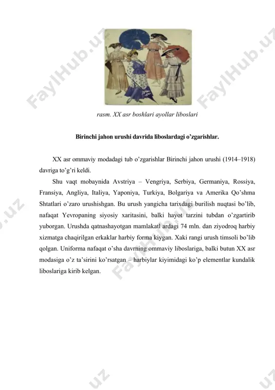 kaltalashdi; korset va «bedanaqadam» yubkalardan voz kechildi; murakkab soch turmaklari, katta hajmdor shlyapalar barham topdi (rasm). rasm. ayollar liboslari asr boshi modasidagi ayollar libosi uchun odatiy bezaklar (kashta, applikatsiya, nafis to’rlar) esa kundalik kiyimdan yo’qolib ketdi. sovun yetishmasligi va tif kasalligining tarqalishi sochlarni kalta qirqishga majbur qildi. deyarli barcha korxonalar harbiy buyurtmalarni bajargani sababli tinch aholi uchun gazlama, poyabzal va shu kabilar yetishmas edi. ko’pchilik harbiy formani o’zgartirib, o’ziga libos tikishga majbur edi. qo’lda to’qilgan trikotajdan jaket, kardigan, jemper, sharf va qalpoqlar modaga kirib keldi. erkaklar libosidagi boshqa elementlar – getralar, fetr shlyapalar, kashne – sharflar ham keng tarqaldi. ichki kiyim ham ancha soddalashdi: byustgalter va uzun paypoq uchun belbog’lar korsetlar o’rnini tamomila egalladi. korsetlardan voz kechilishi beo’xshov keng ko’ylak va jaketlarning tarqalishiga sabab bo’lgan. oliy moda ham urush davri talabiga bo’ysunishga majbur bo’lgan, hatto p. puare ham harbiy buyurtmalar bo’yicha ishlagan. boshqa moda uylari – «paken», «vort», «doye», «lyusil» …