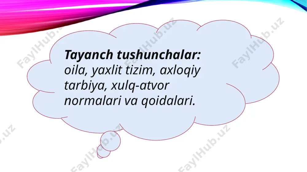 insonlarning kamolatga erishish yo‘lini yoritib boradi. har bir inson bir olam bo‘lgani kabi uning axloq odobi ham juda murakkab olam desak yanglishmaymiz. chunki shaxsning ichki va tashqi olamini o‘rganish, bilish, tahlilqilish g‘oyatda murakkab, bu ruhiyat bilan bog‘liq holatdir. axloqli, odobli komil insonda odamiylikning eng yaxshi xislatlari: mehr-muhabbat, rahm-shavqat, adolatu-diyonat, hayoyu-iffat, imon-e’tiqod kabilar mujassam bo‘ladi, ayni paytda shu xislatlarning aksi-beburd, axloqsiz kimsalar fe’lida ko‘rinadi. har bir xalqning nufuzi va obro‘-shuhrati kishilarning axloq-odobi, yaxshi xislat fazilatlari bilan belgilanadi. o‘zbeksitonning milliy mustaqillikka erishishi va hozirgi kunda respublikamizda amalga oshirilayotgan siyosiy, iqtisodiy, tarixiy va ma’naviy o‘zgarishlar jamiyatimiz ijtimoiy hayotida mazmunan boy ishlar qilindi. 1998 yilni “oila” yili deb e’lon qilindi. o‘zbekiston respublikasi konstitutsiyasining 63-moddasida “oila jamiyatning asosiy bo‘g‘inidir hamda jamiyat va davlat muhofazasida bo‘lish huquqiga ega” deyiladi. oila tarbiyasi kabi katta ma’suliyat birinchi navbatda ota va ona zimmasiga tushadi. shu o‘rinda bir narsani alohida aytish kerakki, bolalar tarbiyasida asosiy ta’sir chan kuch-qudrat bu – …