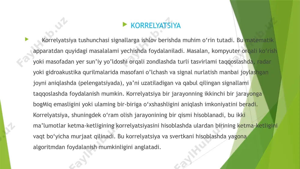 a elementlar ketma-ketligi r (n) va x (n) larning o‘zaro korrelyatsiyasi r ni quyidagi ko‘rinishda yozîsh mumkin: ba’zi hollarda yuqorida keltirilgan usul bilan aniqlangan korrelyatsiya qiymati ikki ketma-ketlik haqiqatda bir-biriga 100% bomgan holda nolga teng bo’lishi mumkin. bu ikki signal bir-biri bilan fazasi bilan farqlanganda, misol 47 uchun sinus va kosinus funksiyalar orasidagi o‘zaro korrelyatsiya. hisoblash natijasida nolga teng, ammo ular bir-biridan tt /2 ga farqlanadi. fazalari farqlanuvchi impulslar ketma-ketligi (4.1-rasm) korrelyatsiyasini hisoblash natijasi kechikish nolga teng bo‘lganda nolga teng. chiziqli zanjirla reja signallarning energiya spektri quvvat spektri o’tkazgichlarni ketma ket parallel aralash ulash reja o’tkazgichlarni ketma ket parallel aralash ulash kondensatorlarni parallel ketma-ket ulash ken kotelnikov teoremasi reja kotelnikov teoremasi kotelnikov teoremasining fizik talqini kotelnikov teoremasi. spektri keskin chegaralangan vaqt funksiyasining qiymati vaqt intervalida quyidagi ifoda bilan aniqlanadi. bu yerda uzatilayotgan funksiya spektrining chegara chastotasi. kotelnikov teoremasining fizik talqini. kotelnikov teoremasi vositasida spektri fcheg bilan cheklangan uzluksiz u(t) vaqt …