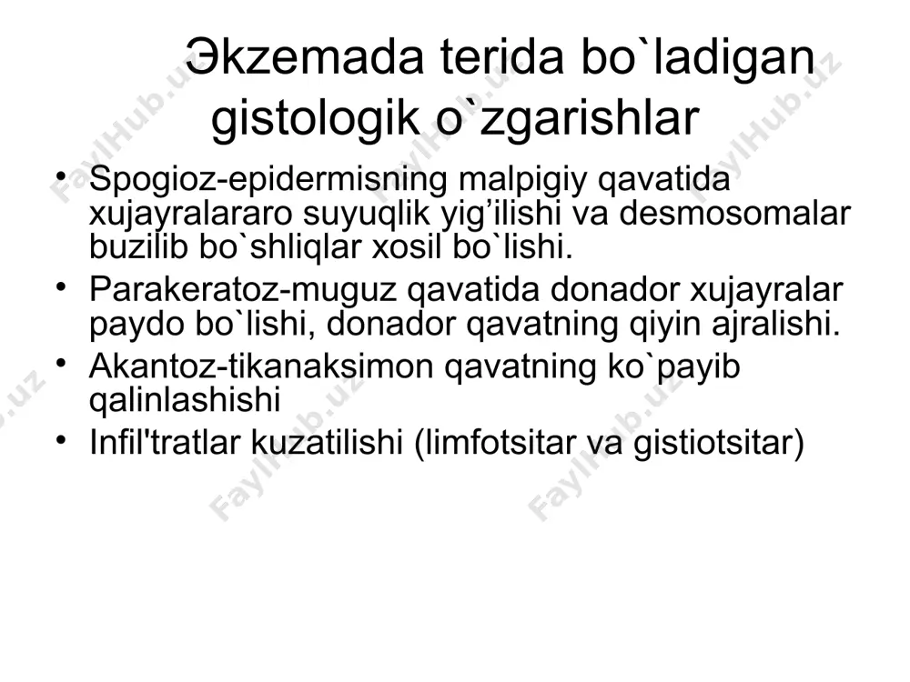 oorganizmning boshqa a`zolari (oit, yuqt, asab, endokrin tizimi va moddalar almashinuvi) zararlanishi kompleks patologik jarayonning rivojlanishiga sababchi bo`lib, derma va epidermada surunkali patologik o`choqlar xosil qiladi. limfotsitlardagi immun javobgar genlarning avloddan avlodga o`tishi bir avloddan ikkinchi avlodga irsiy o`tishi bilan belgilanadi. bolalarni sun`iy ovqatlantirish kasallik sabablari asab tizimi kasalliklari gipovitaminozlar autointoksikatsiya ekzogen va endogen allergik omillar ekzema turlari chin ekzema mikrobli seboreyali professional bolalar ekzemasi chin ekzemada toshadigan toshmalarning turiga qarab qarab ho`l (nam) ekzema papulyoz ekzema vezikulyoz pustul'yoz skvamoz chin ekzema tananing biror bir joyida boshlanib, boshqa joylariga tarqalish xususiyati bor. (yuz, qo`l-oyoq, dumba, tana va x.k) asosiy elementlari; eritema, ekssudatsiya, serroz papula, mikrovezikula (bular ochilish xisobiga ekssudat chiqib turadi, serroz quduqchalar deb nomlanadi), serroz qaloqlar. musbat izomorf reaktsiyalar xos. seboreyali ekzema boshning sochli qismi, quloq supralari, yuz, ko`krak, elka qismlarida ko`p uchraydi. faqat progressiv davrida mikrovezikulyatsiya va namlanish uchrashi mumkin. mikrobli ekzema tanning ochiq qismlarida ko`proq uchraydi. pustula, …
