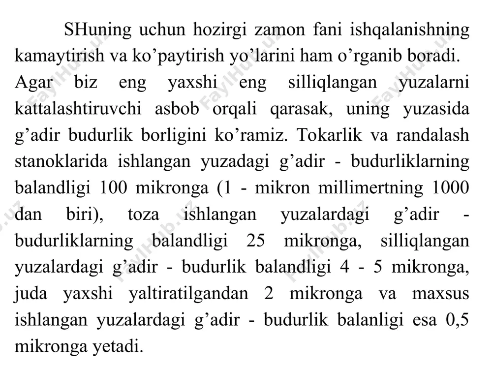 ma, ilgarilanma yoki ilgarilanma-qaytarilanma bo’lishiga) qarab yeyilish; -yeyilishning xarakteriga (ichki yoki sirtqi ekanligiga) qarab yeyiladi; -muhitga (havo, suv, olov va hokazoga) qarab yeyilish; -ishqalanuvchi elementlarning shakliga (silindrik, tekis va boshqa shaklga) qarab yeyilishi; -ta’sir etuvchi kuchning xarakteriga (bir tekisda ta’sir etuvchi, doiraviy ravishda o’zgaruvchan ekanligiga) qarab yeyilish; -deformatsiyaning xarakteriga (siqilish, qavatlanish, buralish va boshqalarga) qarab yeyilish. f n r + = n f kb ok tg = = a f n f = ; cos n f 1 n n f r 2 2 2 a = + = = + = реакция нормал n ; tg f - a = 0 2 sin ) ( 2 sin 0 2 cos ) ( 2 cos = × + - × - = å = × + + × - - = å j j j j d ds s d s dn y d ds s d s df x …