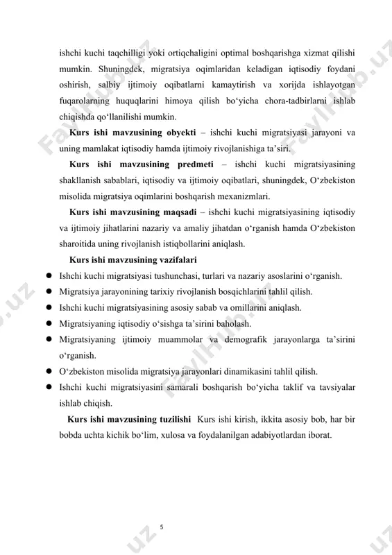 ingdek, xalqaro iqtisodiy hamkorlikning kengayishi migratsiya hajmlarini sezilarli darajada oshirdi. hozirgi kunda ishchi kuchi migratsiyasi xalqaro mehnat bozorining ajralmas qismi hisoblanadi. birlashgan millatlar tashkilotining ma’lumotlariga ko‘ra, 2023-yil holatiga dunyo bo‘ylab 280 milliondan ortiq xalqaro migrant mavjud bo‘lib, ularning katta qismini ishchi kuchi tashkil etadi. ishchi kuchi migratsiyasining mohiyatini tushunish uchun, avvalo, uning iqtisodiy va ijtimoiy asoslarini bilish lozim. iqtisodiy nuqtai nazardan, migratsiya mehnat resurslarining hududlar va mamlakatlar o‘rtasida qayta taqsimlanishidir. bu jarayon, bir tomondan, ishchi kuchi ortiqchaligi mavjud hududlardan ishchi kuchi taqchilligi bo‘lgan hududlarga resurs oqimini ta’minlaydi. boshqa tomondan esa, migrantlarning pul o‘tkazmalari orqali ularning vatani iqtisodiy rivojlanishga hissa qo‘shadi. ijtimoiy jihatdan esa migratsiya aholining demografik tarkibini o‘zgartiradi, yangi madaniyatlararo aloqalarni yuzaga keltiradi va jamiyat ichida ijtimoiy integratsiya masalalarini kun tartibiga olib chiqadi. migratsiya jarayoni, odatda, “push-pull” (tortuvchi-ituvchi) omillar modeli orqali tushuntiriladi. ituvchi omillar — bu vatanda mavjud iqtisodiy qiyinchiliklar, ishsizlik, past ish haqi, siyosiy beqarorlik va ijtimoiy himoyaning sustligi …