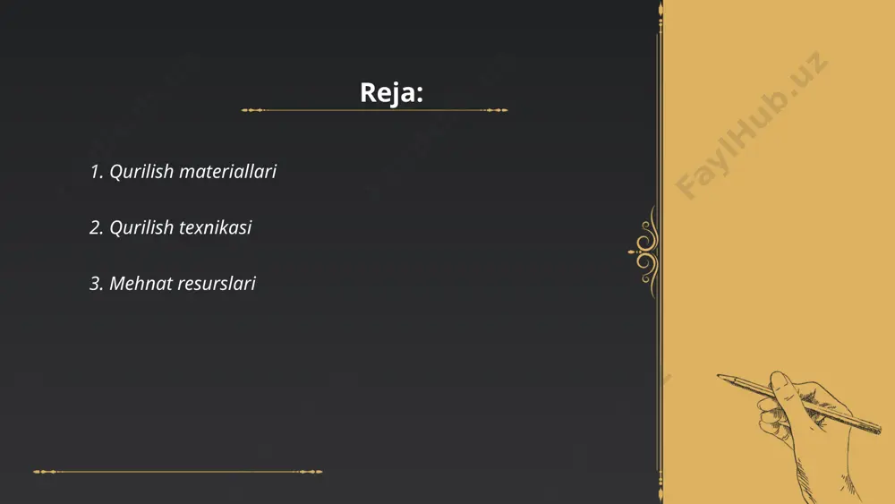ing soni qariyb 20 million kishiga yetdi. shu bilan birga, ishsizlik darajasi 9-10% atrofida saqlanmoqda. o‘zbekiston iqtisodiyotida qishloq xo‘jaligi 25% atrofida bandlikni ta’minlaydi, sanoat 15%, va xizmatlar sohasi esa taxminan 60% bandlikni ta’minlaydi. mehnat resurslarining sifatini oshirish maqsadida davlat tomonidan kadrlar tayyorlash va qayta tayyorlash dasturlari amalga oshirilmoqda. ushbu dasturlar orqali yillik minglab mutaxassislar yetishtirilmoqda. ... t.me/slaydai_bot 4. qurilish maydonchasi qurilish maydonchasi qurilish loyihasi amalga oshiriladigan hududdir. odatda, bu yerda turli o'lchamdagi yirik texnika asbob-uskunalari, kranlar va yuk mashinalari mavjud bo'ladi. qurilish maydonchasida xavfsizlik choralariga amal qilinishi juda muhim, chunki xar kuni ko'plab ishchilar ishlaydi. qurilish maydonchalarining 25-30% hududi materiallarni saqlashga sarflanadi. o'rtacha qurilish maydonchasi 6dan 18 gacha turli kasbdagi mutaxassislar ishlaydi, jumladan muhandislar, texniklar va ishchilar. statistik ma’lumotlarga ko‘ra, qurilish maydonalarida sodir bo‘ladigan baxtsiz hodisalar soni umumiy qavfsizlik hodisalarining 15-20% ni tashkil etadi. odatda, bir yilda 2000 dan ortiq qurilish loyihalari amalga oshiriladi. ... t.me/slaydai_bot "5. energiya manbalari" mavzusiga …