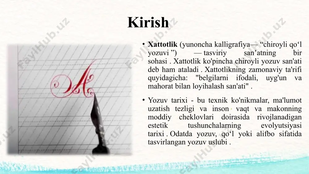 butun tushunchalar to'plamidir va jarayonning o'zi cho'tka va siyoh orqali meditatsiya qilish usulidir. hatto teatr plakatlari va dasturlarini yozish uchun kabuki-moji va jo-ruri-mojining alohida xattotligi ishlab chiqilgan. arab yozuviga islom ta’siri arab yozuviga islom ta’siri kuchli bo‘lgan. qur’oni karimning qayta yozilishiga hamroh bo‘lgan ulkan hurmat, unga bag‘ishlangan estetik quvvat xattotlikni san’at darajasiga ko‘tardi. arab xattotligi ko‘pchilik madaniyatlarning xattotliklaridan farqli o‘laroq, monumental yozuvlarga ta’sir ko‘rsatgan. islom olamining turli burchaklarida ma'lum maqsadlar uchun ko'plab o'ziga xos xattotlik uslublari ixtiro qilingan. eng ta'sirlilaridan biri "tugra" bo'lib, sulton uchun mo'ljallangan va saroy xattoti tomonidan shoh farmonlarini yozishda qo'llaniladigan shoh shifridir. sharq yozuvi sharq yozuvi xitoyda, yaponiyada va biroz boʻlsa-da koreyada xattotlik sanʼat turi sifatida ham yuksak mavqega ega. sharq xattotligi oʻzining paydo boʻlishining boshidan (miloddan avvalgi 1700-yillar) to hozirgi kungacha badiiy ifodaning boy va xilma-xil shakllarida taqdim etilgan. usmonlilar shakli va vazifasi usmonlilar skriptlarni shakli va vazifasiga ko'ra tasniflagan bo'lishi mumkin, ammo har qanday …
