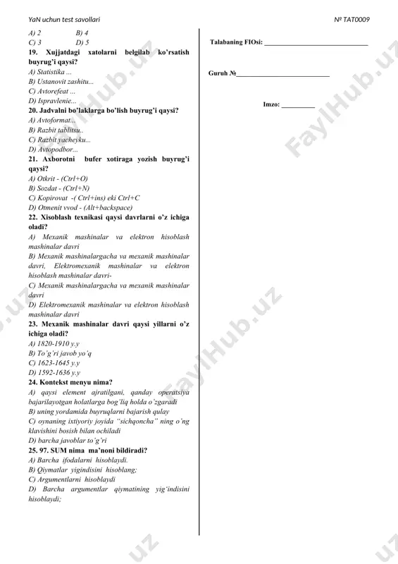 etish va uzatishni c) axborotlarni jamlash, saqlash, qayta ishlash, uzatish, qabul qilish va shu jarayonlarni amalga oshiruvchi barcha texnik vositalarni ishlatishni d) kompyuterda ishlashni 11. 90. jadval xaqida ma’lumot olish buyrug’i qaysi? a) sortirovka... b) skrit setku ili otabrajat setku... c) svoystva tablitsu... d) razdelit 12. texnologiya so’zining ma‘nosi qaysi bandda to’g’ri ko’rsatilgan? a) texnika b) mahorat c) fan d) san‘at, mahorat, uquv 13. xujjatni fayldan o’rnatish buyrug’i qaysi? a) snoska b) risunok c) fayl d) simvol 14. xujjatni xotiraga yozish buyrug’i qaysi? a) soxranit kak… b) otkrit - (ctrl+o) c) soxranit - (ctrl+s) d) sozdat - (ctrl+n) 15. xujjatni ko’rinishini (masshtabini ) o’zgartirish buyrug’i qaysi? a) sxema dokumenta b) razmetka stranitsi c) masshtab... d) paneli instrumentov 16. 86. katakni bo’laklarga bo’lish buyrug’i qaysi? a) razbit tablitsu... b) razbit yacheyku... c) avtoformat... d) avtopodbor... 17. 89. jadvalda belgilangan kataklarni o’sib borish yoki kamayib borish tartibida saralash buyrug’i qaysi? a) svoystva …