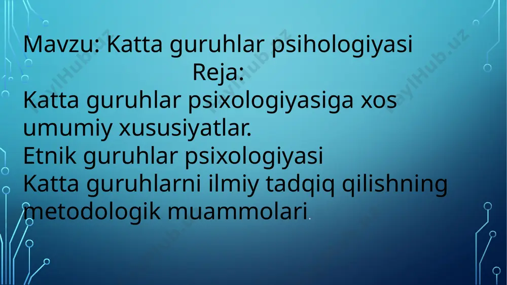 birinchi ilmiy tadqiqotlarni v. vundt boshlab bergan edi. uning tadqiqotlaridagi „xalq" tushunchasi aslida etnik uyushma ma’nosida tushuntirilgan edi. asosiy maqsad bilish jarayonlarining o‘zgarganligini isbot qilish bo‘lsa ham tadqiqotchilar o‘z-o‘zini anglash va o‘z xulq-atvorini analiz qilish borasida ham uyda o‘tiradigan ayollar, endigina savod olish maqsadida savodxonlik kurslarida o‘qiyotgan ayollar hamda pedagogika bilim yurtlarida ta’lim olayotgan qizlar o‘rtasida farq bor-yo‘qligini tekshirishdi. tadqiqot asosan o‘z-o‘zini analiz qilish metodi yordamida o‘tkazilgan . 3.katta guruhlarni ilmiy tadqiq qilishning metodologik muammolari. chet ellarda va mamlakatimizda qilingan ilmiy ishlarni analiz qilar ekanmiz, epnopsixologik tadqiqotlar xilma-xil uslub va metodlar qoʻllanilganini guvoxi bulamiz. nixoyat, etnopsixologik metodlarni qo’lashning noqulayligi shundaki, masalan, amerikada juda yaxshi natija berib, ishonchli ma’lumotlar to’plangan metodika osiyo mamlakatlari yoki bizning jumxuriyatimiz sharoitida umuman xech narsani ulchamasligi mumkin. 1.shu xudud sharoitida yashovchi barcha millatlarga xos bulgan umumiy psixologik omillar va ularni aniqlash usullari; 2.fakat uzbek millatiga xos bulgan umumiy psixologik sifatlar va omillarni aniklash; 3.tadkikotchi guruxini tekshirilayotgan …