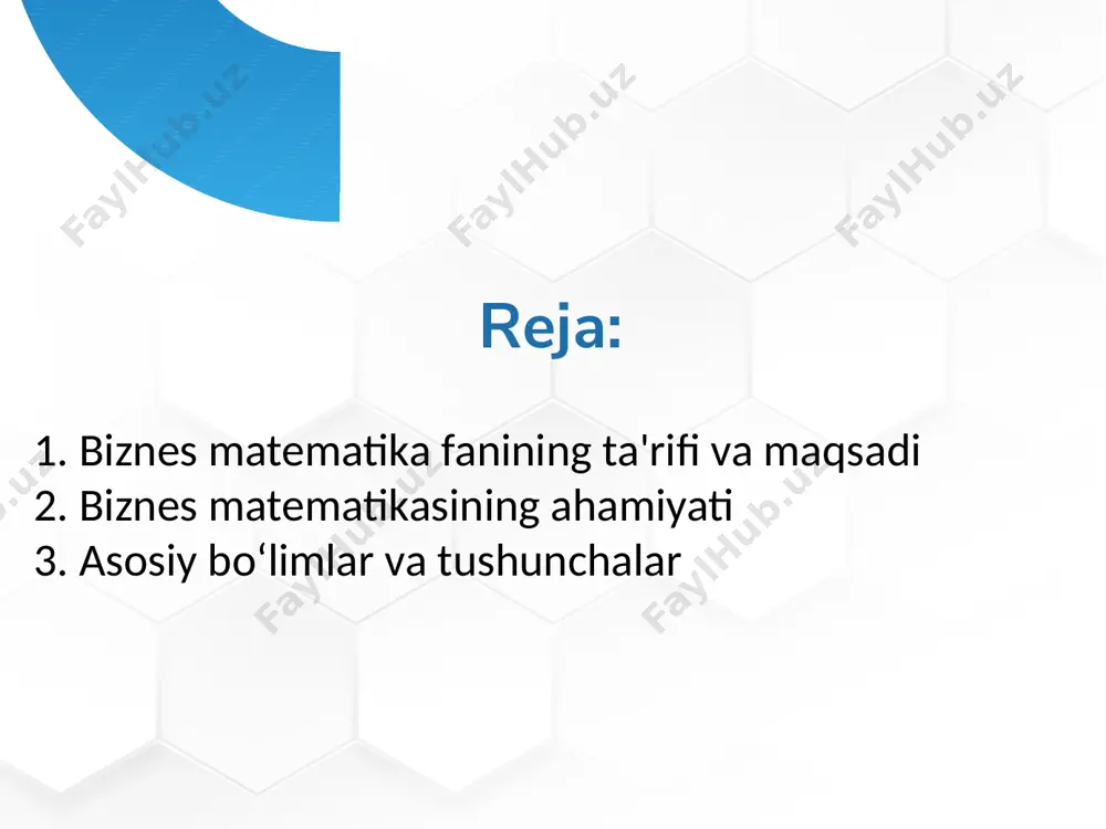 lar va tushunchalar a) foizlar va nisbatlar foizlar biznesda eng ko‘p qo‘llaniladigan tushunchalardan biridir. ular chegirmalar, soliqlar, foyda marjasi yoki investitsiya daromadlari hisobida ishlatiladi. formula: foiz = (qism / umumiy) × 100. misol: tovar narxi 2000 so‘m bo‘lib, 15% chegirma berilsa, yakuniy narx: 2000 × (1 - 0.15) = 1700 so‘m. nisbatlar esa ikki miqdor o‘rtasidagi munosabatni ko‘rsatadi, masalan, xarajatlar va daromad nisbati (cost-to-income ratio) biznesning moliyaviy holatini tahlil qilishda foydali. 90% 50% 75% asosiy bo‘limlar va tushunchalar b) foyda va zarar foyda va zarar hisoblari biznesning moliyaviy muvaffaqiyatini baholashda asosiy hisoblanadi. foyda = sotish narxi - xarajatlar. masalan: tovar 1000 so‘mga sotib olinib, 1500 so‘mga sotilsa, foyda: 1500 - 1000 = 500 so‘m. sof foyda esa soliqlar, operatsion xarajatlar va boshqa chegirmalardan keyin hisoblanadi. 90% 50% 75% asosiy bo‘limlar va tushunchalar c) oddiy va murakkab foizlar - oddiy foiz: i = p × r × t, bu yerda p …