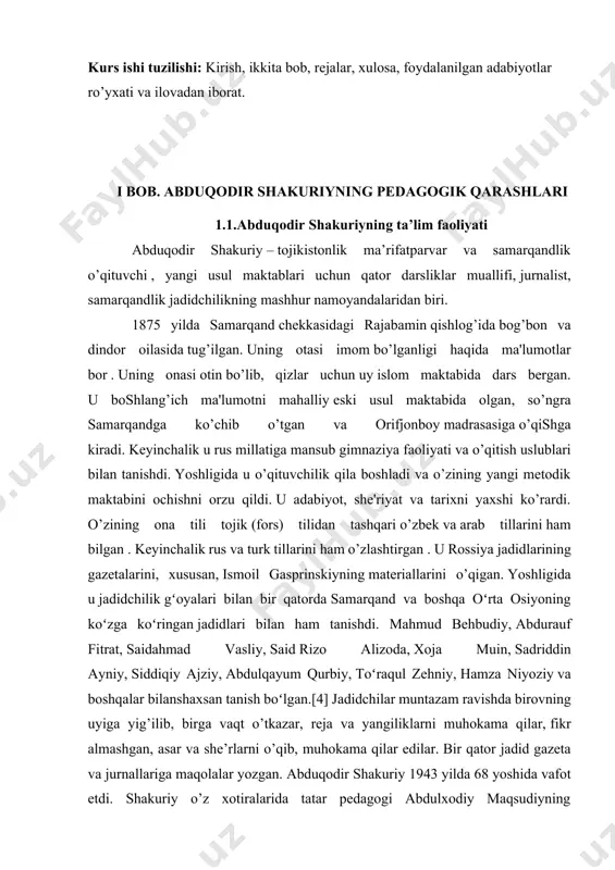 holida aytilishicha, bu maktabning to’liq dasturi bo’lgan. u vaqtlarda maktablarda qur’oni karim o’qitilar va yodlatilar edi. shuning uchun yangi usul maktablarida ham diniy kitoblar o’qitilar edi, chunki hech bir ota-ona qur’on yoki biror diniy kitob [8] o’qitilmagan maktabga bolalarini bermas edi. shuning uchun maktablarda “haftiyak” ham asosiy o’qish kitoblaridan biri hisoblanar edi. tatar pedagogi maqsudiy o’z maktabi uchun darsliklar tuzganda, arab tili qoidalari va alfavitini o’qitishga alohida e’tibor bergan. shakuriy ham o’z maktabida bunga rioya qilgandi. o’qitishdagi bu usul eski maktablardagi o’qitish usullariga qaraganda savod chiqarishni ancha yengillashtirar edi. shakuriy o’z o’quvchilar uchun bir yilda bir marta imtihon uyushtirar edi. imtihonda u ota-onalar oldida o’quvchilar bilimining natijalarini namoyish qildirar edi, ota-onalar esa o’z bolalarining qisqa muddat ichida xat-savodli, hisob, geografiya va tibbiyotdan ma’lumotga ega bo’lganini ko’rib hayratlanardilar. shakuriy maktabining shuhrati keng tarqala boshladi, o’rta osiyodagi boshqa ma’rifatparvar kishilarning diqqatini jalb etdi.[4] jumladan, o’zbek adabiyotining asoschisi, buyo’q shoir, dramaturg va pedagog …