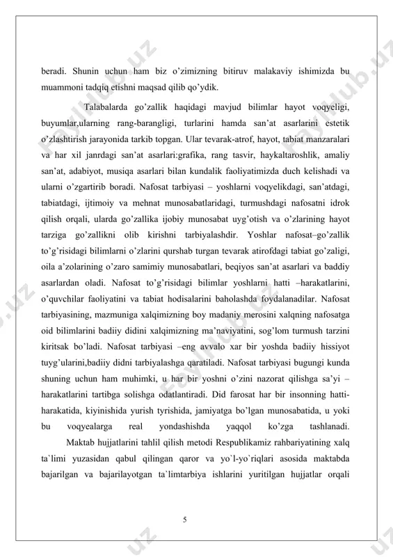 rlariga, maktabning moddiy bazasiga e`tibor beriladi. ularni tahlil qilish, hisobotlarni ko`zdan kechirish, to`g’ri yoki noto`g’riligini aniqlash, o`quvchilar faolliklarining o`sishi bilan taqqoslash,ilg’or pedagogik tajribalarning umumlashtirilishi va joriy etilishi va nihoyat, o`qituvchi-tarbiyachilarning ilmiy-pedagogik faoliyatlarini tekshirish, tegishli chora, tadbirlar belgilash maqsadida o`tkaziladi. estetik hislar ham yuksak axloqiy hislardan hisoblanadi. estetik his deganda biz go'zallikni idrok qilish, go'zallikdan zavqlanish va go'zallik yaratishga intilishni tushunamiz. estetik hissiyot hamma odamlarga xos bo'lgan hissiyotdir. atrofdagi tabiat manzaralari estetik hissiyotlarimizning birinchi manbai hisoblanadi. masalan, bahor faslidagi tog' manzaralari baland qorli qoyalari uzoqlardan mag'rur turishlari odamda estetik lazzatlanish hissini tug'diradi. yomg'irdan so'ng turli rangda jilolanib turuvchi kamalak, gulzorlar yoki kapalak, xuddi dengizdek ko'z ilg'amaydigan ko'm-ko'k paxtazorlar uzoqlarda chiroyli bo'lib ko'rinib turgan dala tepaliklari odamda qandaydir ko'tarinki ruh tug'diradi. odamlar hayotning turli faktlariga va ularning san'atini aks ettirishiga qandaydir go'zallik yoki xunuklik fojiali yoki kulguli, oliyjanoblik va razillik, nafis yoki dag'al hodisalar sifatida munosabatda bo'ladilar. bu hislar tegishli baholarda estetik …