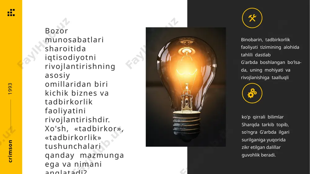 , ishchi kuchlarining ortiqchaligi yoki etishmovchiligi. iqtisodiy sharoitlarga quyidagilar kiradi: tovarga bo'lgan talab va taklif; xaridor sotib olishi uchun tovar turlarining mavjudligi; kichik biznes va tadbirkorlik faoliyatining iqtisodiy, ijtimoiy va huquqiy asoslari pul resurslarining mavjudligi va ulardan foydalanish imkoniyatlari, kiritilgan kapitaldan olinayotgan daromad miqdori va o'z ishbilarmonlik operatsiyalarini moliyalashtirish uchun olinishi mo'ljallangan kredit miqdori iqtisodiy sharoitga ta’sir etadi. crimson 1993 tadbirkorlikning shakllanishi ijtimoiy va iqtisodiy sharoit bilan chambarchas bog'liq. tadbirkorlik shakllanishi ning iqtisodiy sharoitiga ijtimoiy sharoit yaqin turadi. ijtimoiy sharoit, avvalo, xaridorlaming didi va modaga javob bera oladigan tovarlami sotib olishga intilishi bilan belgilanadi. turli bosqichlarda ushbu talab o'zgarib turishi mumkin. crimson 1993 bunga ijtimoiy-madaniy muhitga bog'liq ahloqiy va diniy me’yorlar jiddiyta’sir ko'rsatadi. ushbu me’yorlar xaridorlaming turmush tarziga va u orqali tovariar talabiga bevosita ta’sir etadi. tadbirkorlik faoliyatining shakllanishida ishbilarmon xodimlami tayyorlash, qayta tayyorlash, malakasini oshirish masalalarini hal etish muhim ahamiyatga ega. buning uchun tadbirkorlik faoliyatini yuritishning zamonaviy uslublarini o'rganishni …