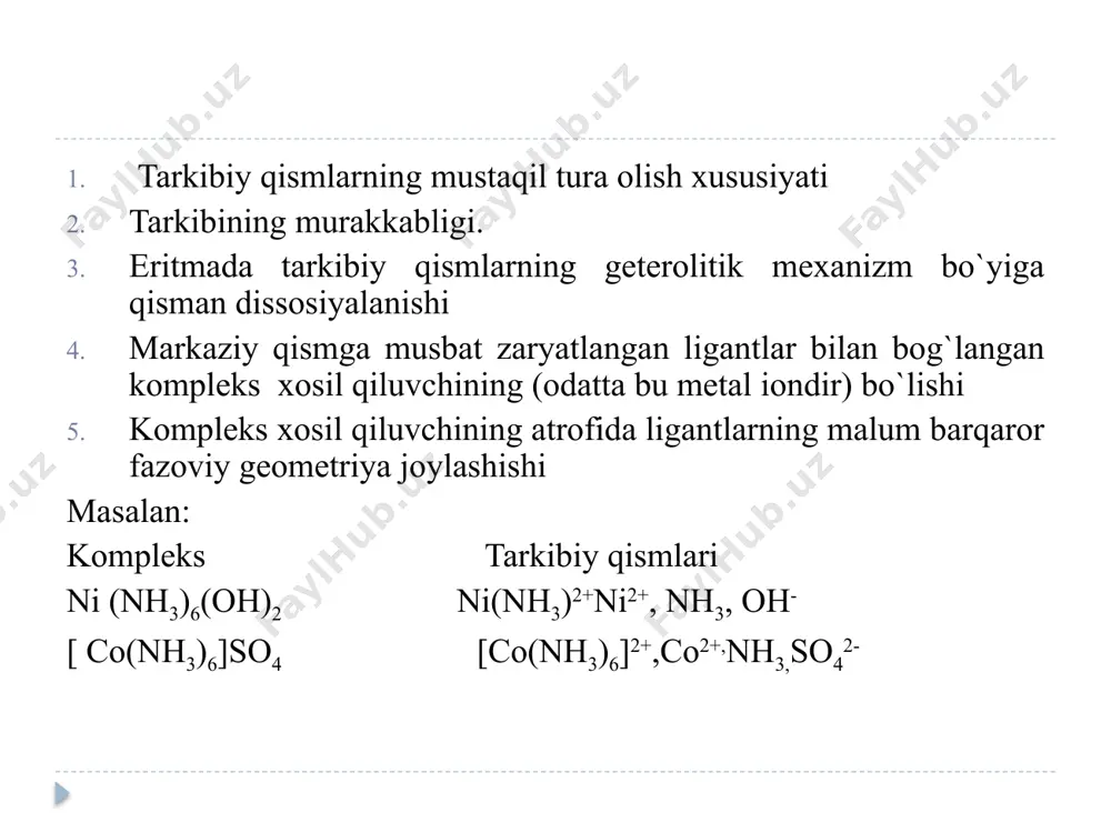 rda h+ ionlari ajiraladi. h+ ionlari kontsentrattsiyasini alkalimetrik yo’l bilan aniqlab aniqlanadigan kation miqdorini aniqlash mumkin. bunda ekvivalent nuqtani kislata-asos indikatorlar yordamida topish mumkin kompleksonometrik titirlashda ekvivalent nuqtani fizik-kimyoviy usullar(spektrofotometrik, amperometrik, potentsiometrik) bilan ham topish mumukin. ekvivalent nuqtani topish uchun metalloxrom indikatorlar deb ataladigan, organik bo'yoqlar oilasiga mansub moddalar ishlatiladi. bu indikatorlar yorqinligi yuqori rang hosil qilganligi uchun 10 -6 - 10-7 m konsentrasiyagacha o‘z rangini saqlaydi. bunday indikatorlarga erioxrom qora t, mureksid, kalmagit, ksilen sarig'i va boshqalar kiradi. qora erixrom t (c20h12n3o7sna) indikatorining anioni qisqartirib hjnd2- xolida yoziladi, u ishqoriy muhitda ko’k rangli bo’ladi. u indikator metall kationi bilan qizil-vino rangli kompleks birikma xosil qiladi. me2+ + hjnd2- ↔ mejnd- +h+ ko’k qizil bu trilon-b eritmasi bilan tasirlashganda [mejnd- ] kompleks buziladi. metal kationi trilon –b bilan bog’lanib mustaxkam kompleks xosil qiladi, indikator anioni ajiralib chiqib to’planib eritmani ko’k ranga bo’yaydi. mejnd - + [h2tr]2- → [metr]2- + hjnd2- …