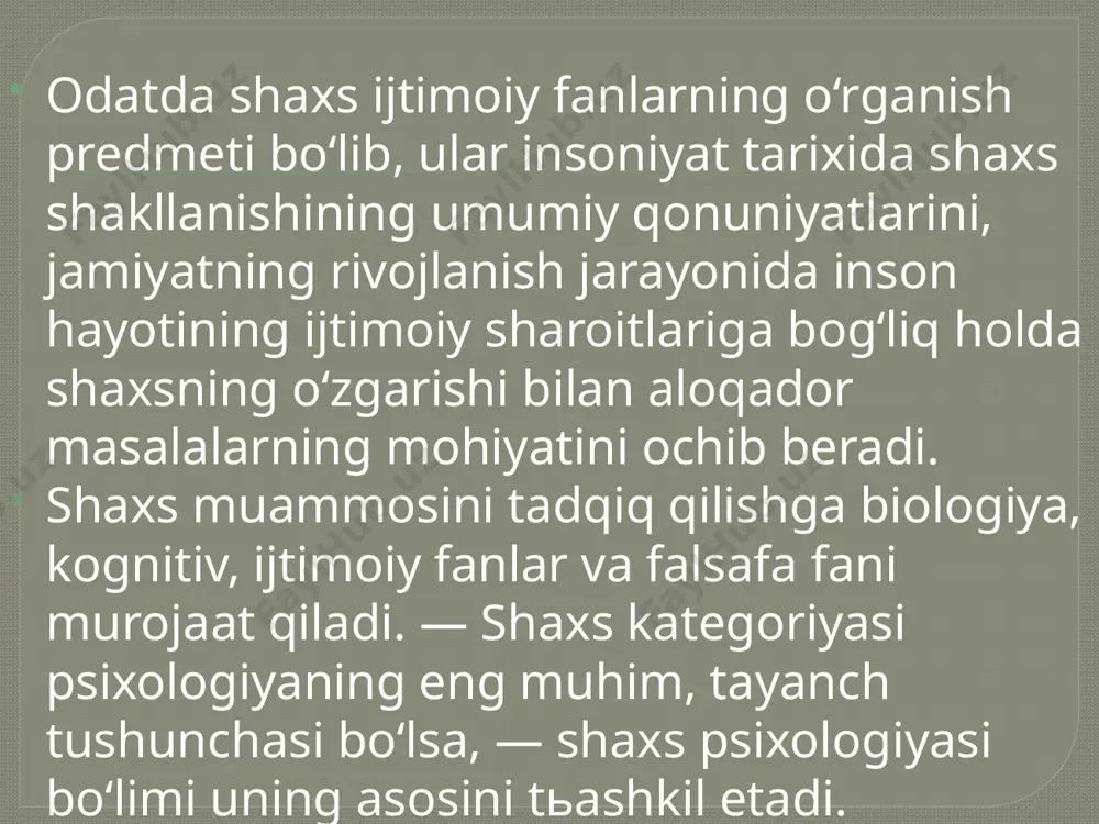 a fenomenlar aynan shu tushuncha atrofida qayd etiladi. inson ruhiy olami qonuniyatlari bilan qiziqqan har qanday olim yoki tadqiqotchi ham shaxsning sotsialligi va aynan jamiyat bilan bo‘lgan aloqasi masalasini chetlab o‘tolmagan. shuni alohida ta’kidlash lozimki, «homo sapiens» – «aqlli zot» tushunchasini o‘zida ifoda etuvchi jonzotning paydo bo‘lganiga tahminan 40 ming yildan oshibdi. bu davrda olimlarning e’tirof etishlaricha, 16 ming avlod almashgan emish. charlz darvin ta’biri bilan aytganda, tabiiy tanlanish jarayonida yer yuzida saqlanib qolgan minglab millat va elatlarning keyingi davrdagi taraqqiyoti ko‘proq biologik omillardan ko‘ra, sotsial omillar ta’sirida ro‘y bermoqda. shuning uchun ham har bir individni yoki shaxsni o‘rganish masalasi uning bevosita sotsial muhiti va uning sotsial normalari doirasida o‘rganishni taqozo etadi. sotsial muhit – bu insonning aniq maqsadlar va rejalar asosida faoliyat ko‘rsatadigan dunyosidir. mazmunan har bir insonning shu sotsial olam bilan aloqasi uning insoniyat tajribasi, madaniyati va qabul qilingan, tan olingan sotsial xulq normalari doirasidagi harakatlarida namoyon bo‘ladi. …