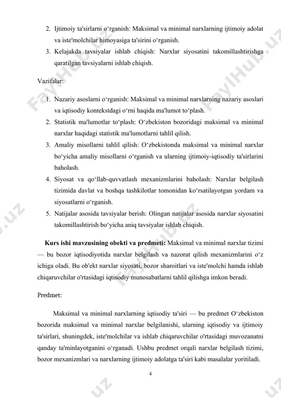 shlab chiqaruvchilarni himoya qilish: minimal narxlar ishlab chiqaruvchilarning daromadlarini ta'minlashga yordam beradi va ularni yo‘qolishdan saqlaydi. · ijtimoiy standartlarni saqlash: minimal ish haqi, misol uchun, ishchilarning hayot darajasini ta'minlashga yordam beradi. maksimal va minimal narxlar iqtisodiy nazariyalar doirasida muhim o‘rinni egallaydi: · talab va taklif qonuni: bu qonun narxlar belgilanishida asosiy rol o‘ynaydi. maksimal narx talab oshganida, taklif esa pasayishi mumkin, bu esa bozor muvozanatini buzishi mumkin. aksincha, minimal narxlar taklifni oshirishi va talabni pasaytirishi mumkin. · bozor muvozanati: maksimal va minimal narxlar bozor muvozanatini ta'minlashda muhim omillar hisoblanadi. ular narxlarning izchil o‘zgarishini nazorat qiladi va iqtisodiy barqarorlikni saqlashga yordam beradi. o‘zbekiston iqtisodiyotida maksimal va minimal narxlar belgilanishi muhim ahamiyatga ega. misol uchun, oziq-ovqat mahsulotlari uchun maksimal narxlar hukumat tomonidan belgilanishi, aholini zarur tovarlar bilan ta'minlashga qaratilgan strategiyalardir. minimal narxlar esa, masalan, minimal ish haqi orqali ishchilarning hayot darajasini ta'minlashda qo‘llaniladi.maksimal va minimal narxlar iqtisodiy tizimning muhim elementlari bo‘lib, ularning …