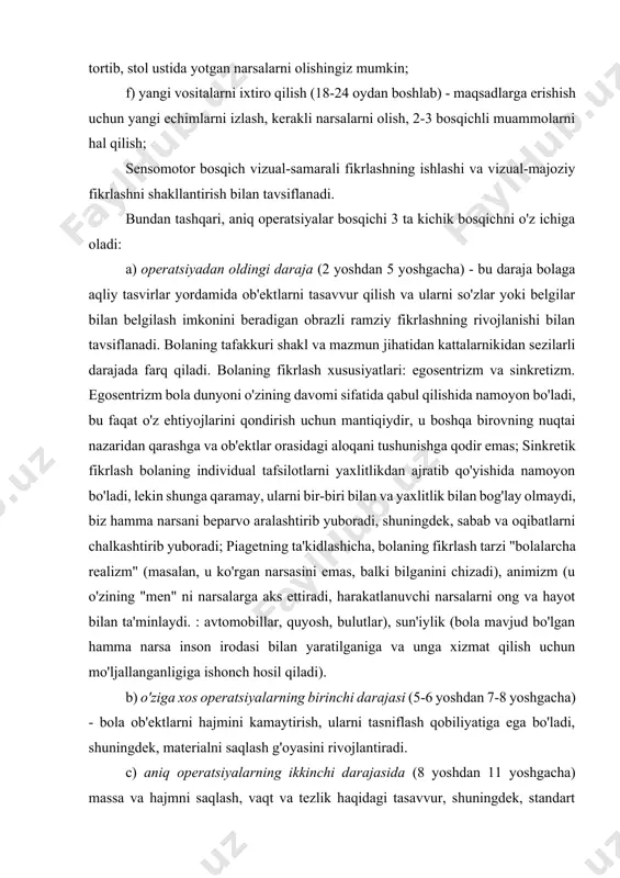 nish va ifodalash imkonini beradi. brunerning kontseptsiyasiga ko'ra, bizning dunyo haqidagi bilimimiz birinchi navbatda hissiy va harakatlantiruvchi xususiyatga ega, chunki bizning his-tuyg'ularimiz va harakat faolligimizdan o'tmasdan turib, fikrga hech narsa kiritib bo'lmaydi. jan piagetning fikricha, kognitiv rivojlanish ketma-ket bosqichlardan iborat bo'lgan bosqichma-bosqich jarayonning natijasidir va bolaning aql-idrokining rivojlanishi bola bilgan narsasi va u tushunishga intilayotgan narsa o'rtasidagi muvozanatni doimiy izlash natijasida yuzaga keladi. shaxsning kognitiv nazariyalari insonni "tushunuvchi va tahlil qiluvchi" deb hisoblaydi, chunki inson tushunish, baholash va foydalanish kerak bo'lgan ma'lumotlar dunyosida. shaxsning harakati esa 3 ta komponentni o'z ichiga oladi: 1. harakatning o'zi. 2. fikrlar. 3. hissiyotlar. tashqi tomondan, harakatlar boshqacha bo'lishi mumkin, fikrlar va his-tuyg'ular boshqacha bo'lishi mumkin. turli odamlar turlicha harakat qiladigan vaziyatlarni "ko'radilar" va baholaydilar. o'zini haqiqiy vaziyatda topib, odam qaror qabul qilishi kerak. u tanlov qiladi va harakatni amalga oshiradi (bixevioristlar bu erda xatti-harakatni tahlil qilishni tugatadilar), lekin harakatning kognitiv qismi hali tugallanmagan, chunki …