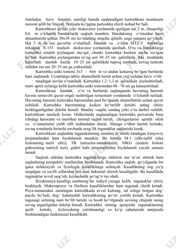 aqlashdagi davolash davri 10–15 sutka davom etadi. yaxshi yetilgan hamda yig‘ishtirish davrida uncha shikastlanmagan kartoshkaning davolash davri uncha uzoqqa cho‘zilmaydi. aksincha, yetilmagan, po‘sti mustahkamlanmagan va zahalangan kartoshkaning davolash davri uzoq muddatga cho‘ziladi. davolash davrida havo harorati 20°с dan yuqori bo‘lganda garchand kartoshkaning shikastlari bitishi tezlashsada, shu bilan birga mikroorganizmlarning aktivligi oshadi va chirish jarayoni bir qadar tezlashadi. ikkinchi davr – sovitish davolash davridan keyin keladi. bu davrning xarakterli xususiyati shundaki, bunda havo harorati 4–5°с gacha pasaytiriladi. bunday sharoitda, tuganaklarda kechadigan jarayonlar ancha susayadi. davolash davridan sovitish davriga o‘tishda havo harorati sutkasiga 1–0,5°с pasaytirilib, 4–5°с tushiriladi. bu davr 20 kundan 40 kungacha davom etishi mumkin. uchinchi davr – qish va bahor oylariga to‘g‘ri keladi, bu davr asosiy davr hisoblanadi. bunda kartoshka fiziologik tinim davrini o‘taydi, keyin esa majburiy tinim davri boshlanadi. bu davrda havoning harorati past darajada bo‘lishi kartoshkaning o‘sib ketishdan saqlaydi. bizning sharoitimizda bahor–yoz oylarida havoning isib ketishi natijasida tugunaklar …