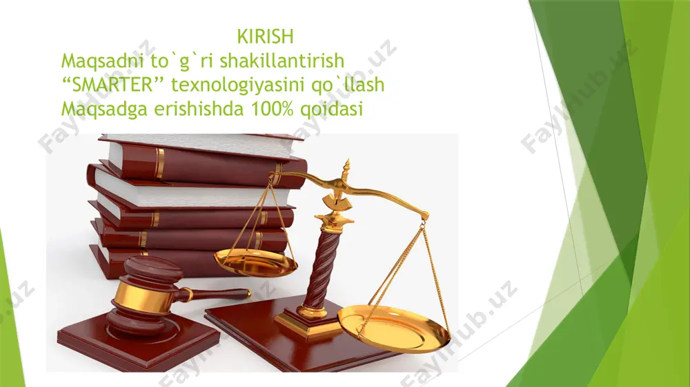 -nc-nd 100 foiz qoidasini qanday qo`llash mumkun ? 100 foiz bajarilishi talab etiladigan rejaga qat’iy rioya qilish. 100 foiz rejasi ish berishiga ongli ravishda imkon yaratish. 100 foiz qoidasini qo`llashda inson o`zi bilan savdolashmasligi shart. oldingizga qo`yilganmaqsadlarga erishish uchun oldin qo`lga kiritilgan yutuqlarni yodga olish orqali o`z- o`zini ruhlantirish. xulosa har bir yurist muvofaqqiyatga erishish uchun o`z oldiga aniq belgilangan maqsadlar qo`yishi , doimiy izlanishda bo`lishi , smarter texnologiyasini to`g`ri qo`llagan holda maqsad va rejalar tuzishda 100 foizga bajarishga odatlanishi zarur. image1.jpg image2.png image3.svg image4.png image5.svg image6.png image7.png image8.png image9.svg image10.png image11.svg image12.png image13.svg image14.jpg /docprops/thumbnail.jpeg