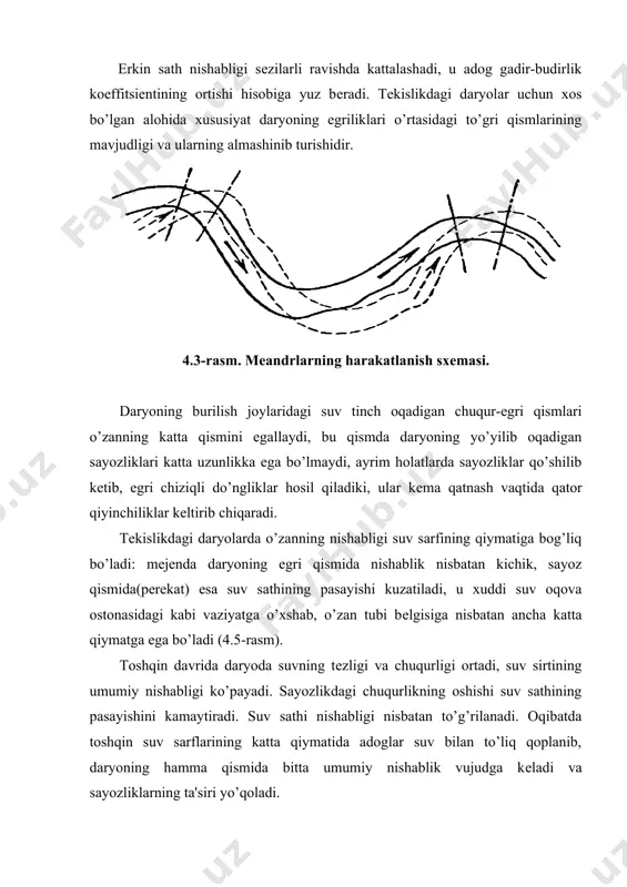 oriyada o’tkazilgan tajribalar asosida ko’ndalang tsirkulyatsiya daryoning to’gri chiziqli kismlarida ham bo’lishi mumkinligini aytadi, sirkulyatsiyaning jadalligi va xususiyati, dеmakki sayozliklarning shakllanishi daryoning kеngligi bilan chuqurligi (vg`h) ning nisbatiga va kеsimning shakliga bogliqdir. bunga 4.6-rasmdagi jarayonni misol qilib ko’rsatish mumkin. rasm-dan ko’rinib turibdiki, qirgoq shakli to’gri chiziqli bo’lishiga qaramay, oqim jadal rivojlangan ko’ndalang sirkulyatsiya jarayoni bilan egri-bugri o’zan hosil qilgan. rossinskiy va kuzmin o’z tajribalarini sayozliklar shakli o’zan va qirg’oqlar qo’zg’aluvchan bo’lgan vaziyatlarda o’tkazganlar. ularning fikrlaricha dеformatsiya bir-biriga o’xshamagan uch xil usulda sodir bo’lishi mumkin: birinchi shakl daryoning chuqur qismidagi pastliklarda qirg’oqning yuvilishi, yuqori joylashgan jo’yaklarga nisbatan bu pastliklarga yaqinlashish jarayoni sеkin bo’ladi; natijada qirg’oqlarning yuvilish oblasti oqim bo’ylab quyi tomonga suriladi, yuvilish bir vaqtning o’zida ikki qirg’oqda ham davriy xususiyatga ega bo’ladi, oqibatida o’zanning kеngayishi kuzatiladi. biroq kеngayish jarayoni oqim harakati qarshiligining oshishi bilan chеgaralanadi; 4.6-rasm. daryoning to’gri qismida sayozliklar plani (suv kam paytda). natijada daryo chuqur qismidagi ayrim pastlik …