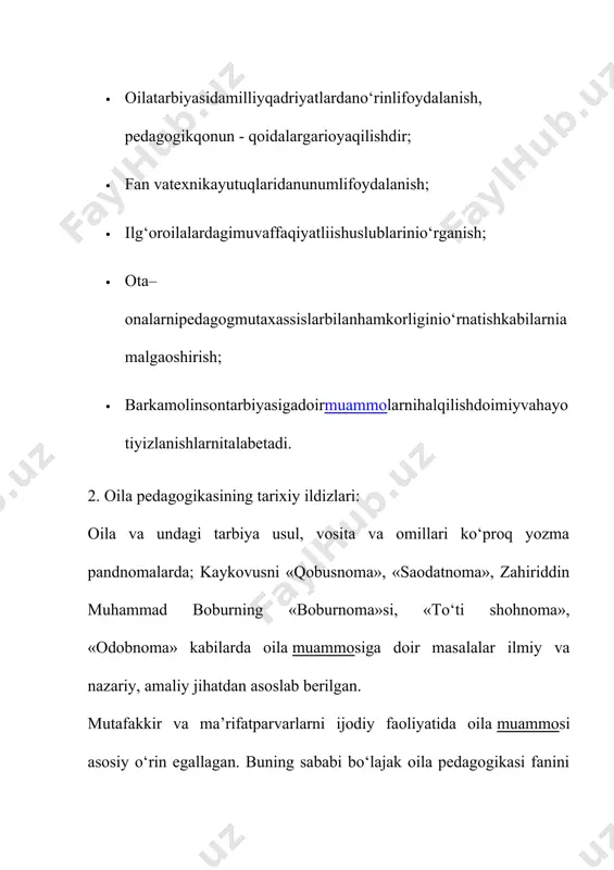 siga e’tiborsizlik bilan qarab, donishmandning bolasi joxil bo‘lib qolayotganligidan afsuslanadi. buning uchun oila muhitida ota-onalar bilan bolalar o‘rtasida o‘zaro hurmat bo‘lgandagina tarbiyada yaxshi natijalarga erishish mumkin bo‘ladi. inson tug‘ilgan paytidanoq tarbiyaga muhtojdir. uning ilk tarbiyachilari albatta ota-onasidir. ma’rifatparvar munavvar qorining «oila a’zolari» nomli darsligininig bo‘limlarida ota-onani hurmatlash, aka-uka qarindosh urug‘ini e’zozlash kabi g‘oyalar alohida o‘rin egallaydi. kishining bor ersa ota-onasi g`‘animatdir unga olarning rizosi xudoni qoshida qabul ekandir ota va onaning baloga duosi oilada farzand dunyoga kelgandan boshlab oilaning jamiyat oldida javobgarligi kundan kunga ortib boradi. chunki o‘sib kelayotgan avlodning taqdiri ana shu muammoning hal qilinishi bilan uzviy ravishda chambarchas bog‘langandir. abdurauf fitrat 1916 yilda «oila» nomli falsafiy asarini yozgan bo‘lib, unda oilaviy xayotni isloxotidan baxs yuritilgan va adib najot yo‘llarini axtarib xalqlarning umuminsoniy qardoshlik g‘oyasini targ‘ib etgan. fitrat oilani ijtimoiy vazifalari deb, «avlod tarbiyasi», «fikriy tarbiya», «axloqiy tarbiya» kabi qismlarga bo‘ladi. insonning ma’naviy va aqliy xislatlarini, asosan, uning olgan …