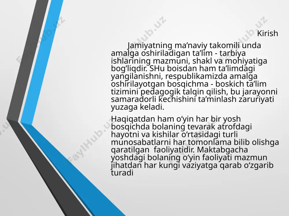 ish imkoniyatni vujudga keltiradi. bolaning o’yinlar shart-sharoitidan-kelib chiquvchi ongli maqsadi harakatlarni bajarish kezida o’z ifodasini topadi va uning o’z oldiga quygan maqsadi esda olib qolish va esga yushurish jaroyonlariga aylanadi . bolalr labaratoriya sharoitiga nisbatan o’yinlarda ko’proq so’zlarni eslab qolish va esga tushirish imkoniyatiga ega bo’ladilarbu esa ixtiyoriy xotira xususiyatini chuquroq ochishga yordam beradi.o’yin faqat bilish jarayonlarni takomillashtirib qolmay , bolaning xulq- atvoriga ham ijobiy tasir ko’rsatadi. maktabgacha yoshdagi bolalarda o’z xulqini boshqarish ko’nikmalarni tarkib toptirishga bog’liq psixologik muammoni o’rgangan z.b.manuylenkoning fikricha biror maqsadga to’naltirilgan mashyg’ulatga nisbatan o’yinda xulq ko’nikmalarni oldinroq va osonroq egalash mumkin ayniqsa bu omil maktabgacha yoshdagi bolalarda yosh davrining xususiyati sifatida o’zining yorqin ifodasini topadi . katta maktabgacha yoshdagi bolalarda o`z xulqini o’zi boshqarish ko’nikmasi o’yin faoliyatida ham, boshqa sharoitlarda ham qarib baravarlashadi .bazan ular ayrim vaziyatlarda ,masalan musoboqa paytida o’yindagiga qaraganda yuqoriroq ko’rsatkichga ham erishishlari mumkin.o’yin vao’yin faoliyati bolada o’z xulqini boshqarish ko’nikmalarni shakilantirish ochun …