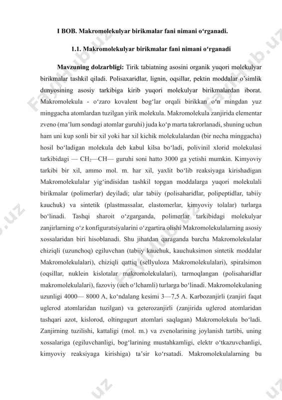 , oltingugurt atomlari saqlagan) makromolekula boʻladi. zanjirning tuzilishi, kattaligi (mol. m.) va zvenolarining joylanish tartibi, uning xossalariga (egiluvchanligi, bogʻlarining mustahkamligi, elektr oʻtkazuvchanligi, kimyoviy reaksiyaga kirishiga) taʼsir koʻrsatadi. makromolekulalarning bu xossalaridan ular asosida plastmassa, sintetik kauchuk, sunʼiy tola kabi materiallar olishda foydalaniladi. polimer deb, ko’plab atom guruhlar yoki quyi molekulyar birikmalarning (monomer yoki elementar) takrorlanuvchi zvenolarni zanjirsimon chiziqli va to’rsimon shakllarda reaksion birikib, hosil qilgan turli konformatsiya, konfiguratsiya va yuqori massali ulkan makromolekulaga aytiladi. bunday yuqori molkekulyar birikmalar tabiiy sharoitlarda va kimyoviy reaksiyalar asosida hosil bo’ladi va ular mos ravishda tabiiy va sintetik polimerlar deb yuritiladi. polimerlarda “poli”- ko’p va “mer”- qism degan manoni anglatadi va “poli” old qo’shimchasi monomer olga qo’yiladi, masalan, monomer etrilen asosida sintez qilinganda polimer polietilen hosil bo’ladi. polimer so’zi kimyoviy sintez qilinganda yuqori molekulyar birikmalarga nisbatan qo’llanishi o’tgan asrning 30 yillarida shtaunger tomonidan tavsiya qilingan. unga ko’ra: 1)polimer birikmalar makromolekulyar majmuasidan iborat bo’libv ular tuzilishi va …